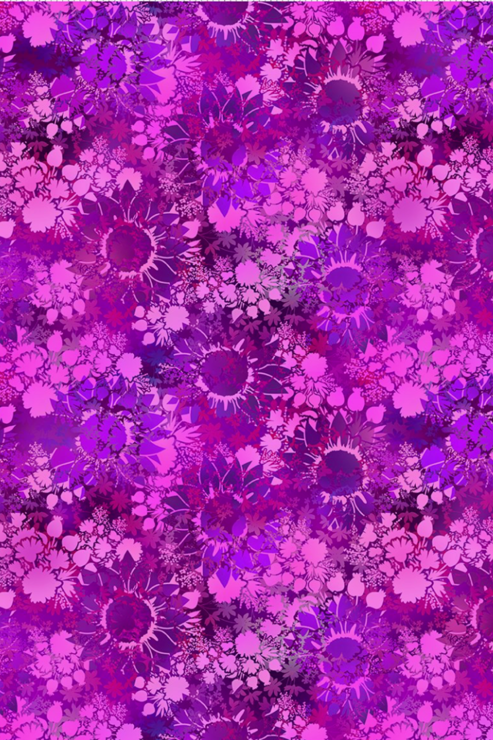 I Dream In Color Sunflower Magenta fabric by Jason Yenter for In The Beginning Fabrics – dense allover tonal shadow floral with silhouetted sunflowers, daisy clusters, and berry sprigs in vibrant magenta, hot pink, fuchsia, and deep purple watercolor wash, perfect for bold jewel-toned quilt projects, 100% cotton, 3 yard cut
