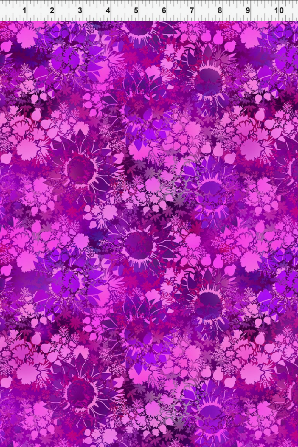 I Dream In Color Sunflower Magenta fabric by Jason Yenter for In The Beginning Fabrics with ruler showing print scale – dense allover tonal shadow floral in magenta, hot pink, fuchsia, and deep purple watercolor wash, perfect for bold jewel-toned quilt projects, 100% cotton, 3 yard cut