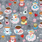 Alice Multi Teacups quilting cotton fabric showing whimsical allover scatter print with teacups, saucers, spoons, red hearts, and pink flowers on soft grey – Mad Hatter tea party design by Jason Yenter for In The Beginning Fabrics, 100% cotton, 3 yard cut