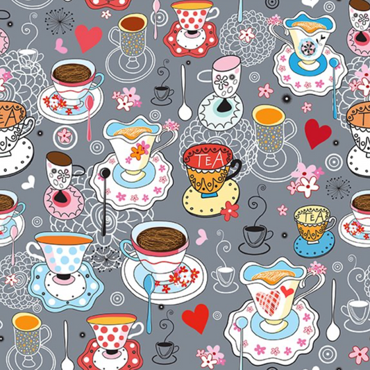 Alice Multi Teacups quilting cotton fabric showing whimsical allover scatter print with teacups, saucers, spoons, red hearts, and pink flowers on soft grey – Mad Hatter tea party design by Jason Yenter for In The Beginning Fabrics, 100% cotton, 3 yard cut