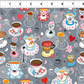 Alice Multi Teacups quilting cotton fabric with ruler showing print scale – whimsical scatter print with teacups, saucers, and spoons in polka dot, floral, and striped styles with red hearts and pink flowers on soft grey by Jason Yenter for In The Beginning Fabrics, 100% cotton, 3 yard cut