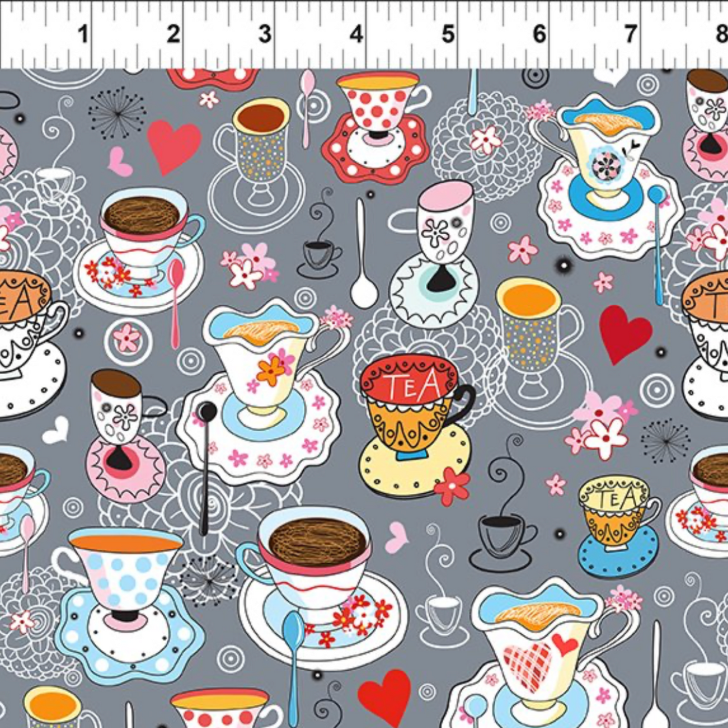 Alice Multi Teacups quilting cotton fabric with ruler showing print scale – whimsical scatter print with teacups, saucers, and spoons in polka dot, floral, and striped styles with red hearts and pink flowers on soft grey by Jason Yenter for In The Beginning Fabrics, 100% cotton, 3 yard cut