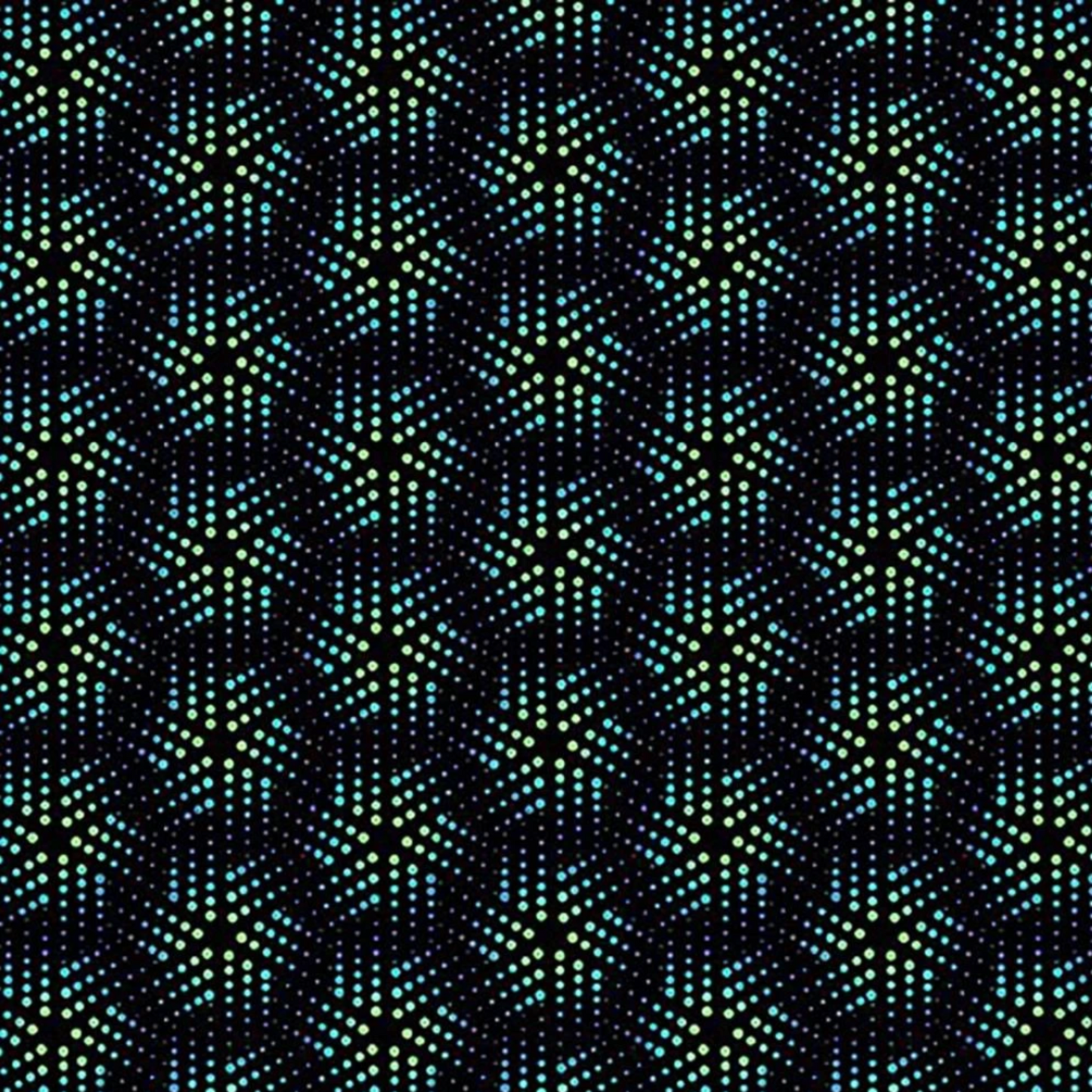 La Luna Black Bursts quilting cotton fabric showing allover geometric star burst blender with large six-pointed star and snowflake bursts formed by rows of glowing hexagonal dots in teal, aqua, chartreuse, and soft lavender on deep black by Jason Yenter for In The Beginning Fabrics, 100% cotton, 3 yard cut