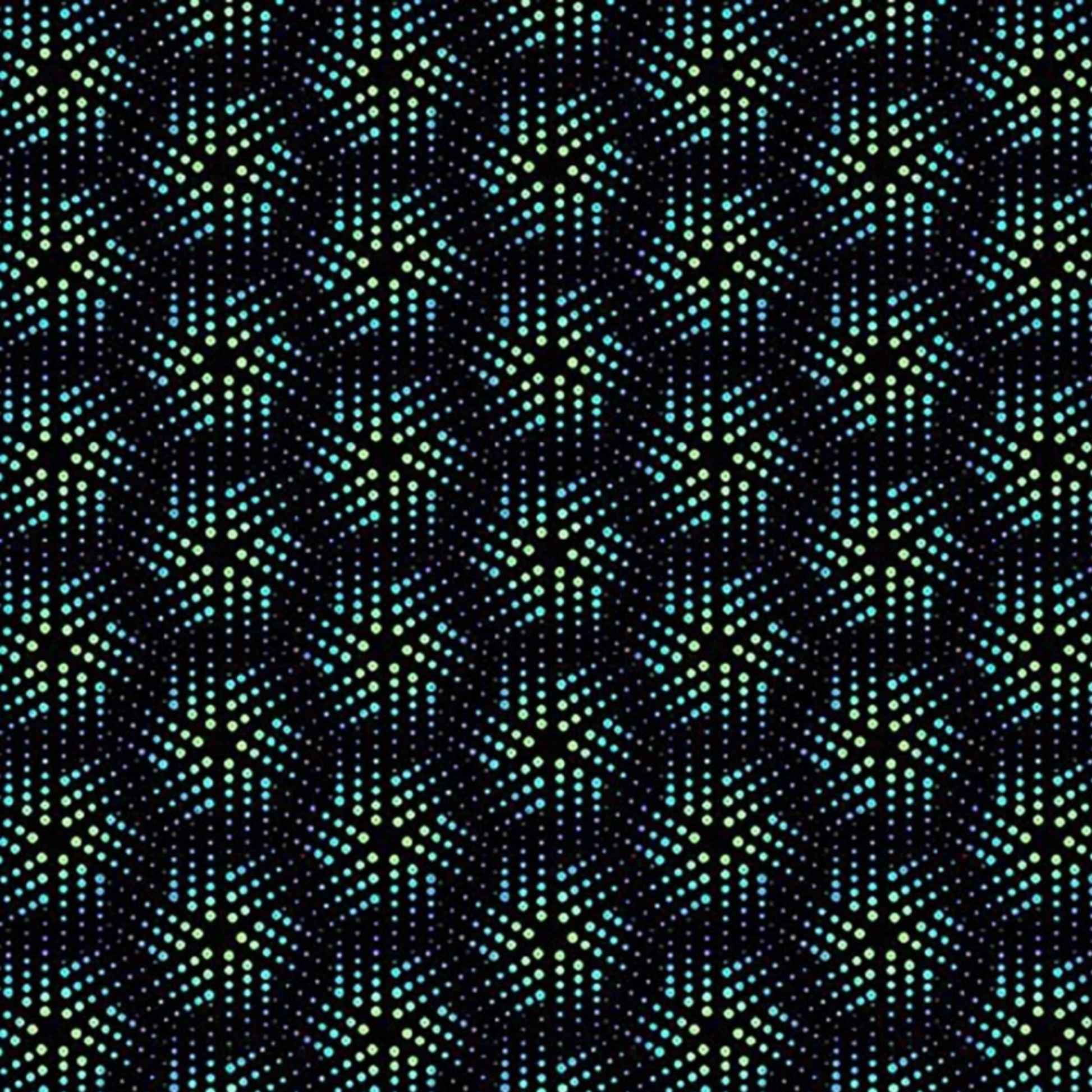 La Luna Black Bursts quilting cotton fabric showing allover geometric star burst blender with large six-pointed star and snowflake bursts formed by rows of glowing hexagonal dots in teal, aqua, chartreuse, and soft lavender on deep black by Jason Yenter for In The Beginning Fabrics, 100% cotton, 3 yard cut