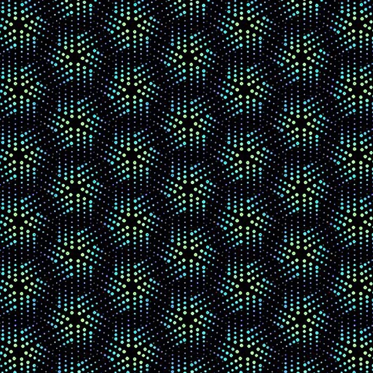 La Luna Black Bursts quilting cotton fabric showing allover geometric star burst blender with large six-pointed star and snowflake bursts formed by rows of glowing hexagonal dots in teal, aqua, chartreuse, and soft lavender on deep black by Jason Yenter for In The Beginning Fabrics, 100% cotton, 3 yard cut