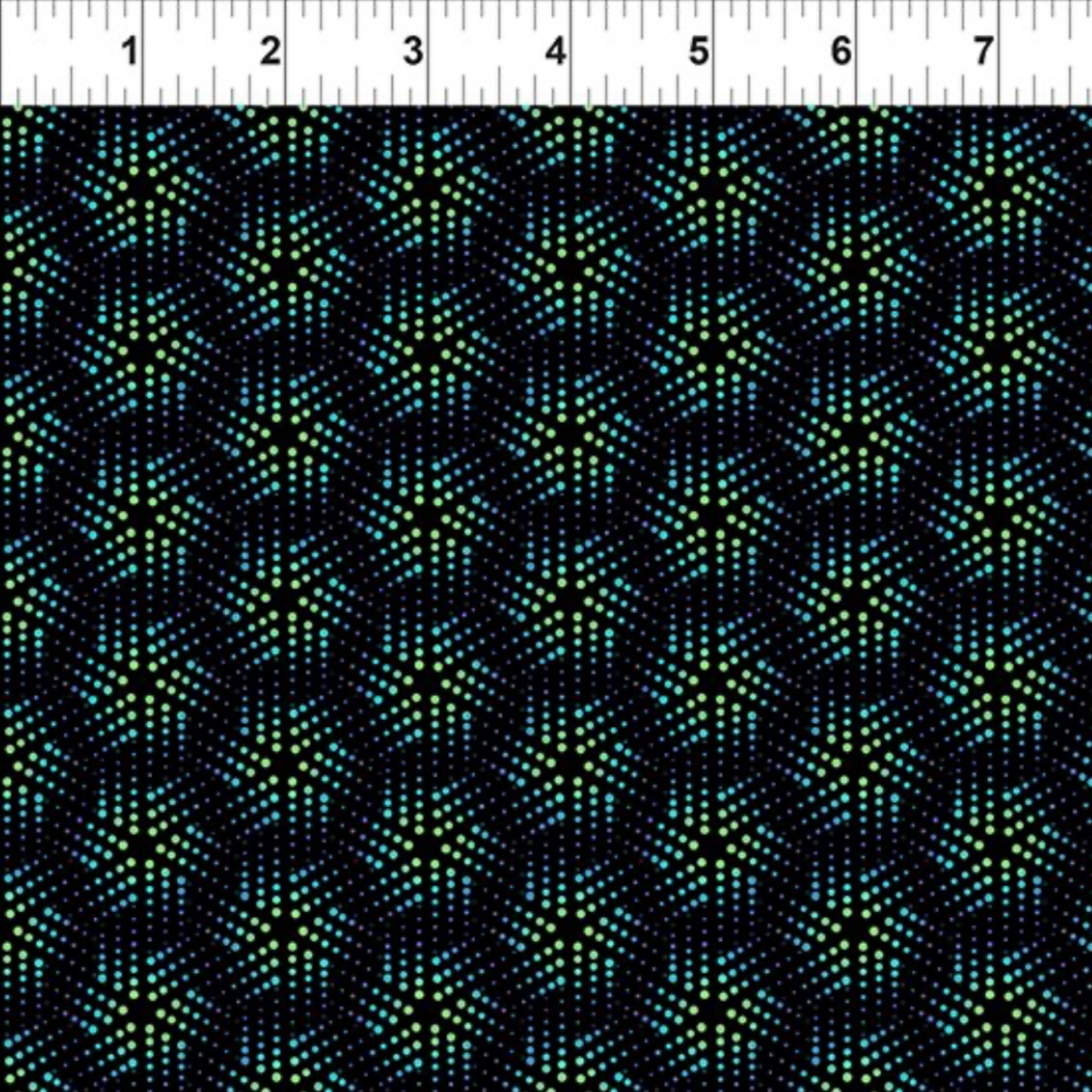 La Luna Black Bursts quilting cotton fabric with ruler showing print scale – allover geometric star burst blender with glowing hexagonal dots forming six-pointed star and snowflake bursts in teal, aqua, and chartreuse on deep black by Jason Yenter for In The Beginning Fabrics, 100% cotton, 3 yard cut