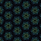 La Luna Black Bursts fabric by Jason Yenter for In The Beginning Fabrics – allover geometric star burst blender with large six-pointed star and snowflake bursts formed by glowing hexagonal dots in teal, aqua, chartreuse, and lavender on deep black, perfect for celestial and night-themed quilt projects, 100% cotton, 3 yard cut