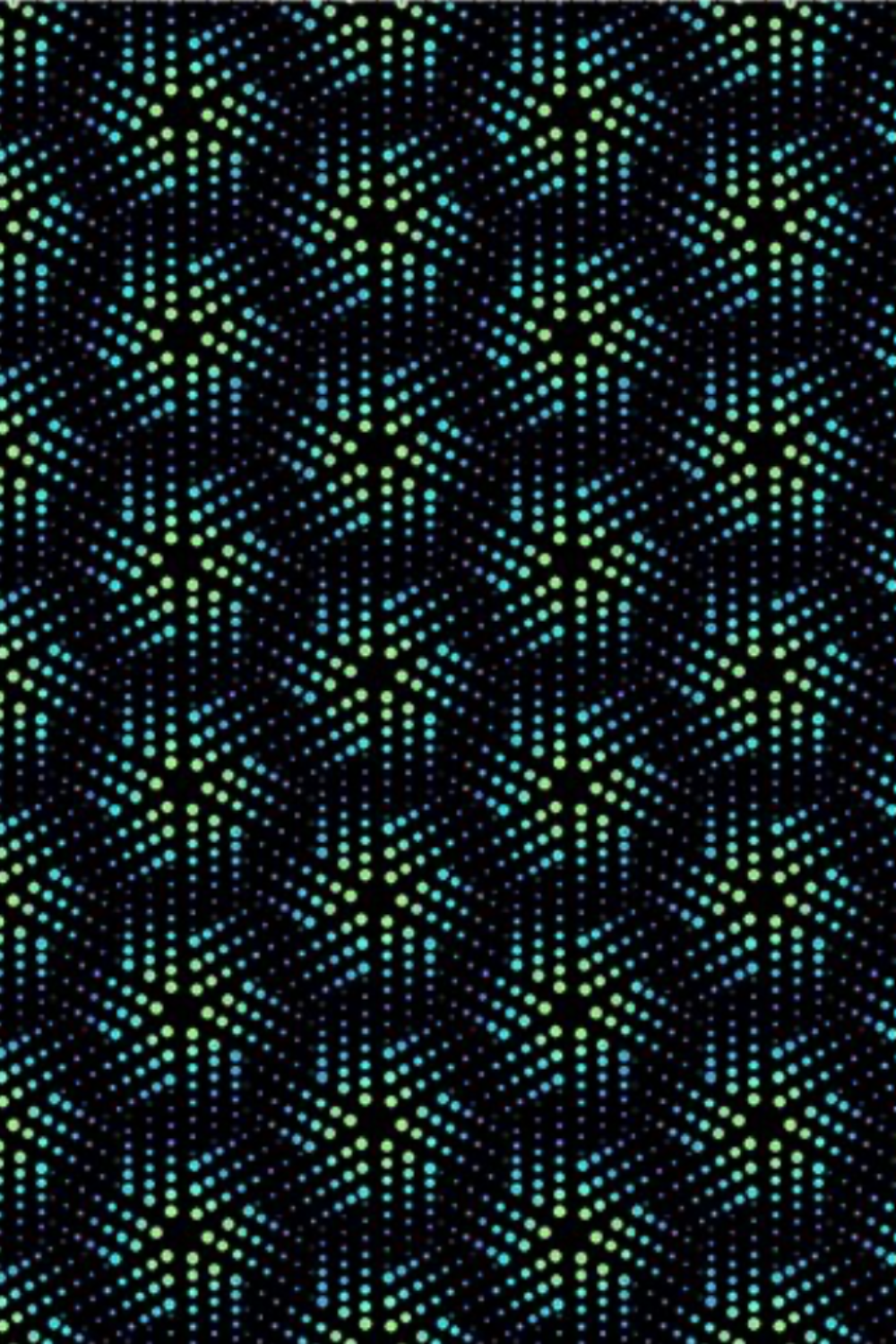 La Luna Black Bursts fabric by Jason Yenter for In The Beginning Fabrics – allover geometric star burst blender with large six-pointed star and snowflake bursts formed by glowing hexagonal dots in teal, aqua, chartreuse, and lavender on deep black, perfect for celestial and night-themed quilt projects, 100% cotton, 3 yard cut