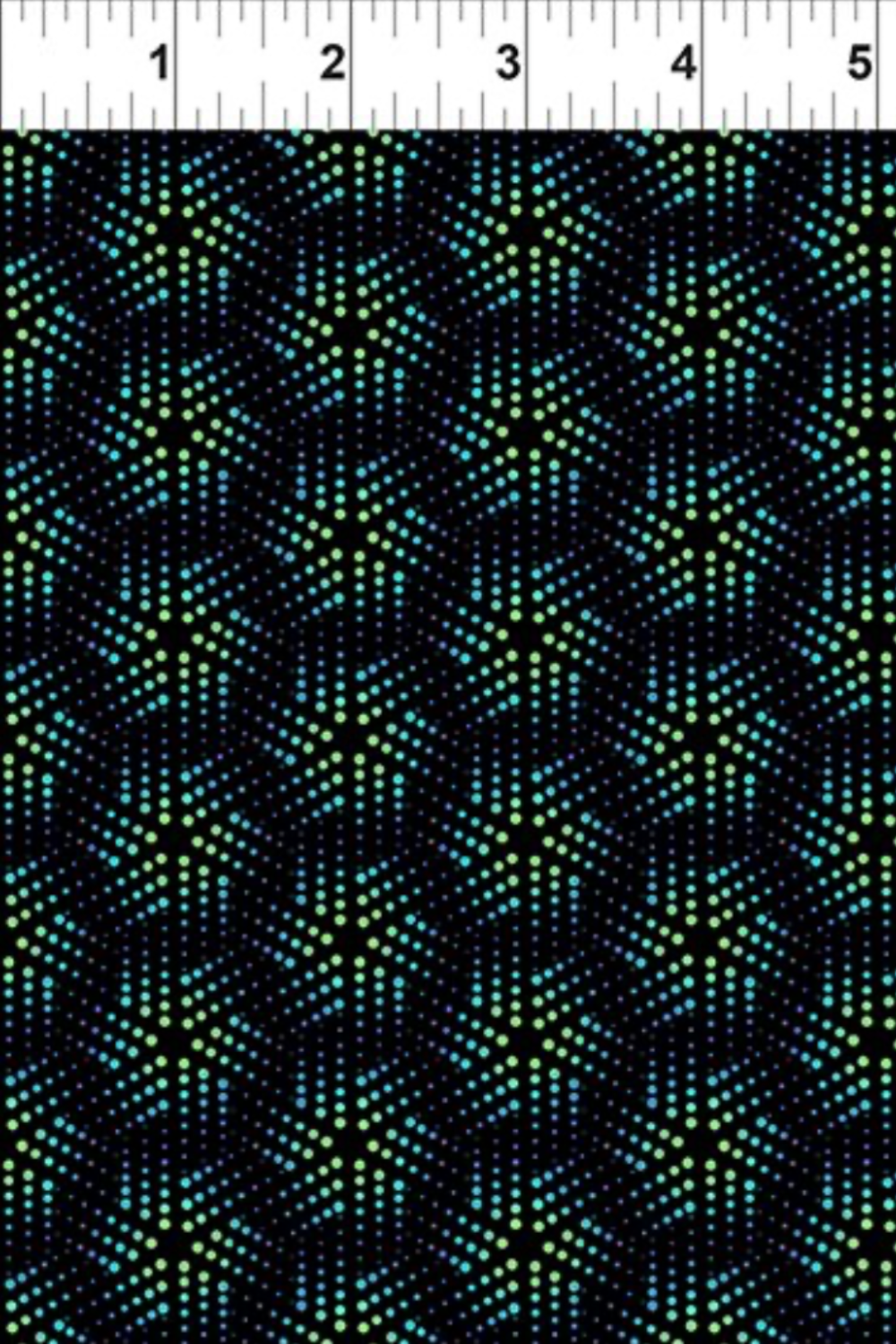 La Luna Black Bursts fabric by Jason Yenter for In The Beginning Fabrics with ruler showing print scale – allover geometric star burst blender with glowing hexagonal dots in teal, aqua, and chartreuse on deep black, perfect for celestial and night-themed quilt projects, 100% cotton, 3 yard cut