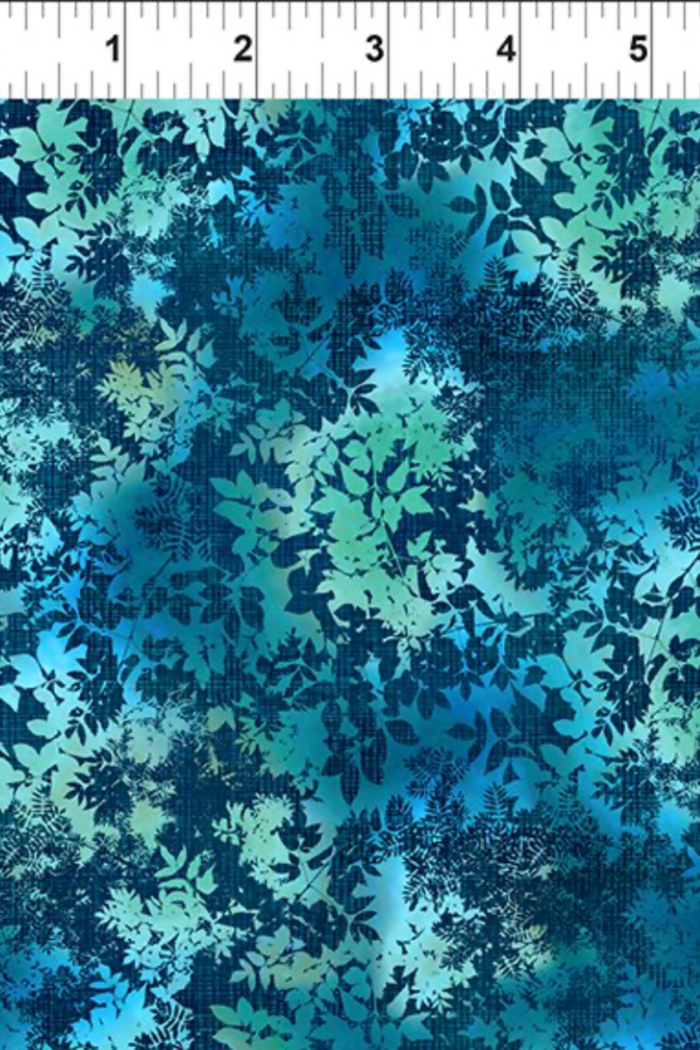 La Luna Teal Leaves fabric by Jason Yenter for In The Beginning Fabrics with ruler showing scale – dense allover tonal leaf silhouette print with fern fronds and botanical sprigs in aqua, teal, chartreuse, and navy on rich cobalt watercolor wash, perfect for night garden and jewel-toned quilt projects, 100% cotton, 3 yard cut