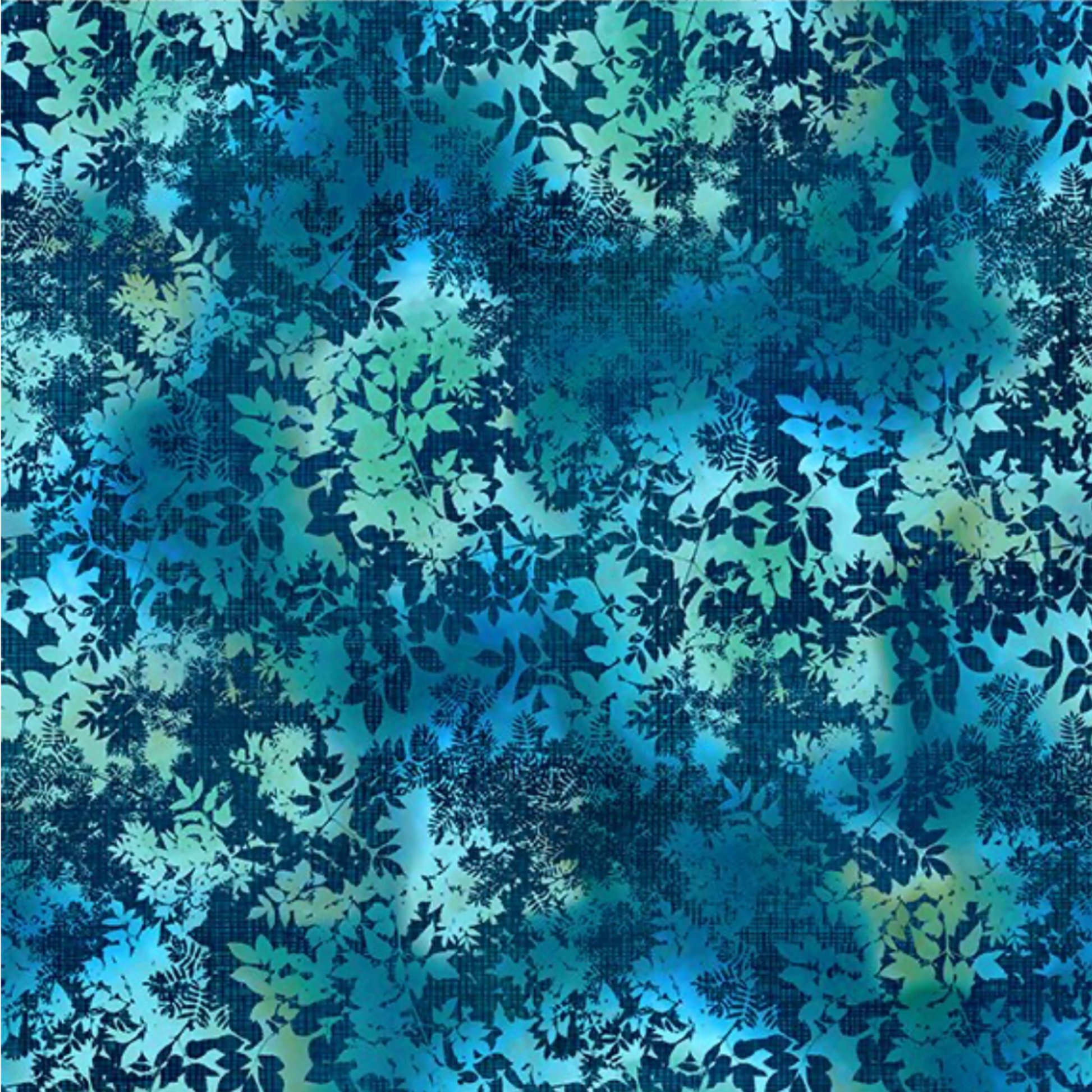 La Luna Teal Leaves quilting cotton fabric showing dense allover tonal leaf silhouette print – overlapping fern fronds, maple leaves, and botanical sprigs in aqua, teal, chartreuse, and deep navy on rich cobalt and teal watercolor wash by Jason Yenter for In The Beginning Fabrics, 100% cotton, 3 yard cut