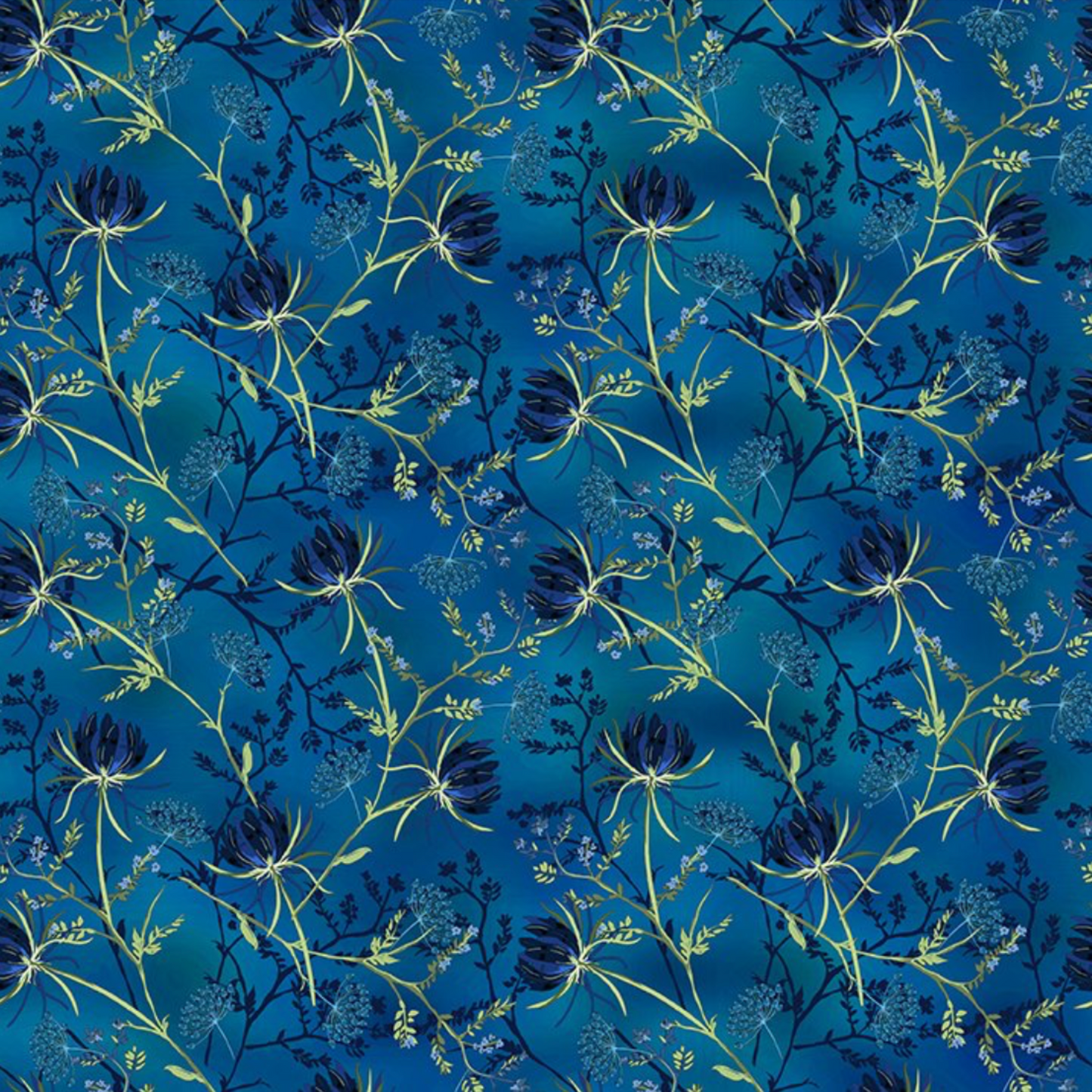 La Luna Blue Night Blooms quilting cotton fabric showing allover trailing botanical with deep navy moonflower blooms, Queen Anne's lace umbels, and chartreuse stems with lavender florets on rich cobalt and teal watercolor wash by Jason Yenter for In The Beginning Fabrics, 100% cotton, 3 yard cut