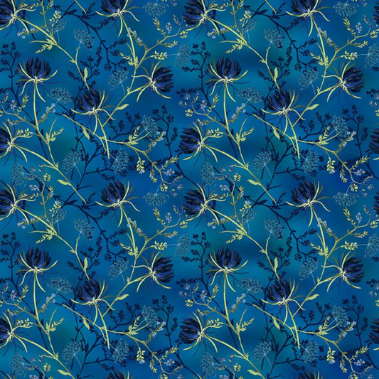 La Luna Blue Night Blooms quilting cotton fabric showing allover trailing botanical with deep navy moonflower blooms, Queen Anne's lace umbels, and chartreuse stems with lavender florets on rich cobalt and teal watercolor wash by Jason Yenter for In The Beginning Fabrics, 100% cotton, 3 yard cut