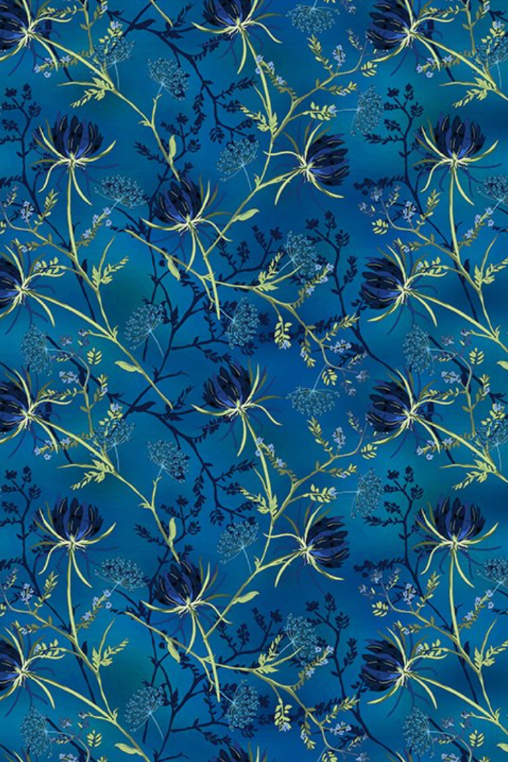 La Luna Blue Night Blooms fabric by Jason Yenter for In The Beginning Fabrics – allover trailing botanical with deep navy moonflower blooms, Queen Anne's lace umbels, and chartreuse stems on rich cobalt and teal watercolor wash, perfect for night garden and jewel-toned quilt projects, 100% cotton, 3 yard cut