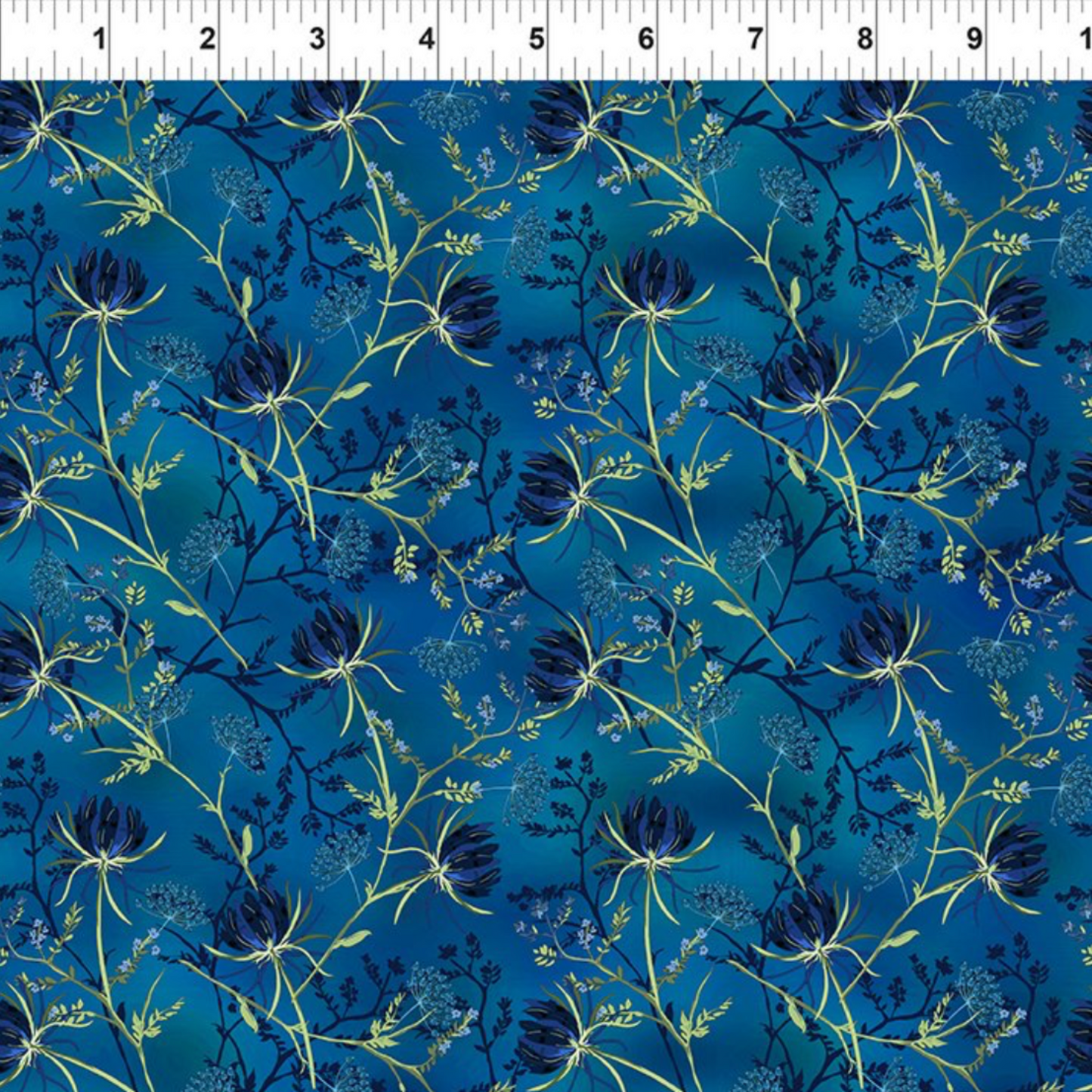 La Luna Blue Night Blooms quilting cotton fabric with ruler showing print scale – allover trailing botanical with deep navy moonflower blooms, chartreuse stems, and Queen Anne's lace on rich cobalt watercolor wash by Jason Yenter for In The Beginning Fabrics, 100% cotton, 3 yard cut