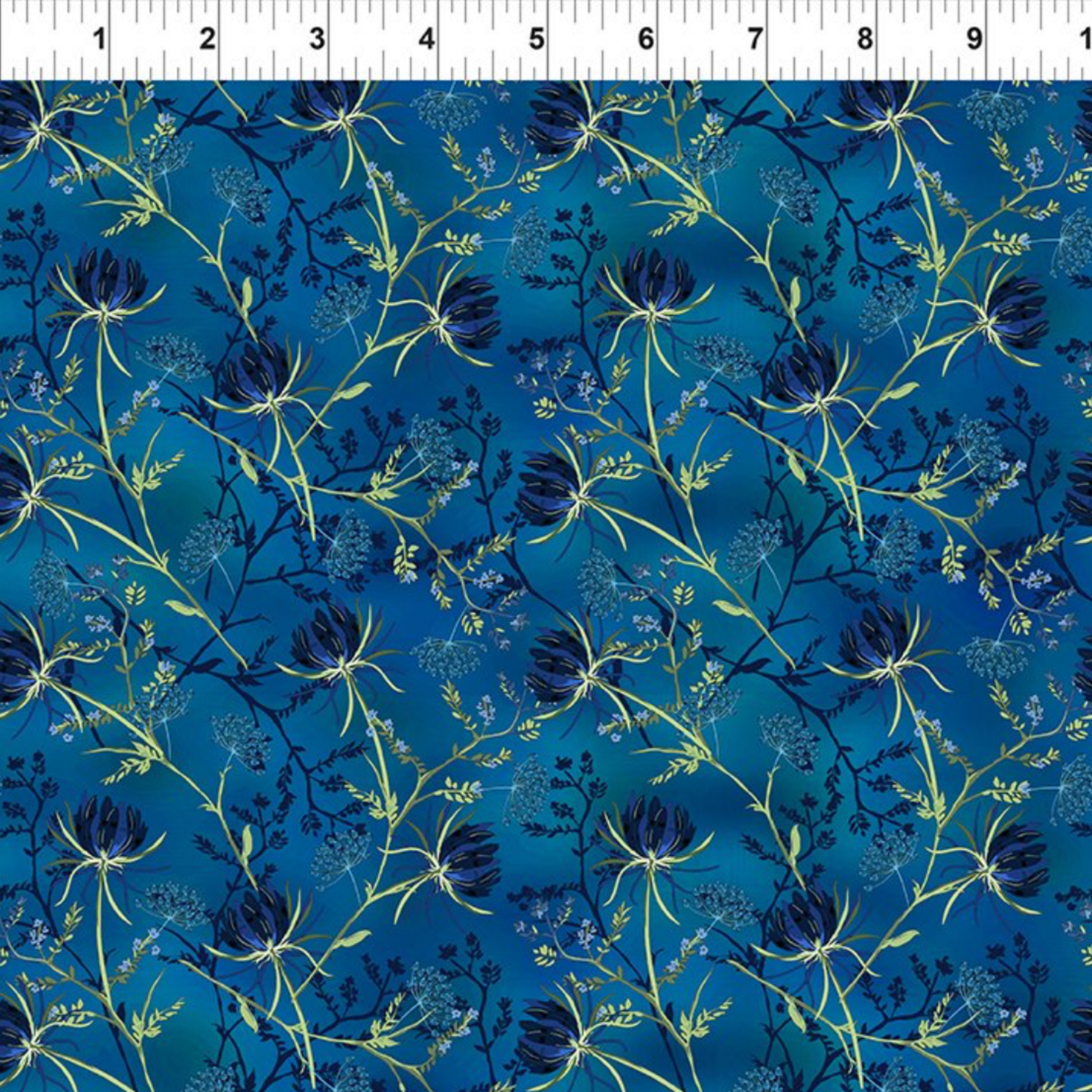 La Luna Blue Night Blooms quilting cotton fabric with ruler showing print scale – allover trailing botanical with deep navy moonflower blooms, chartreuse stems, and Queen Anne's lace on rich cobalt watercolor wash by Jason Yenter for In The Beginning Fabrics, 100% cotton, 3 yard cut
