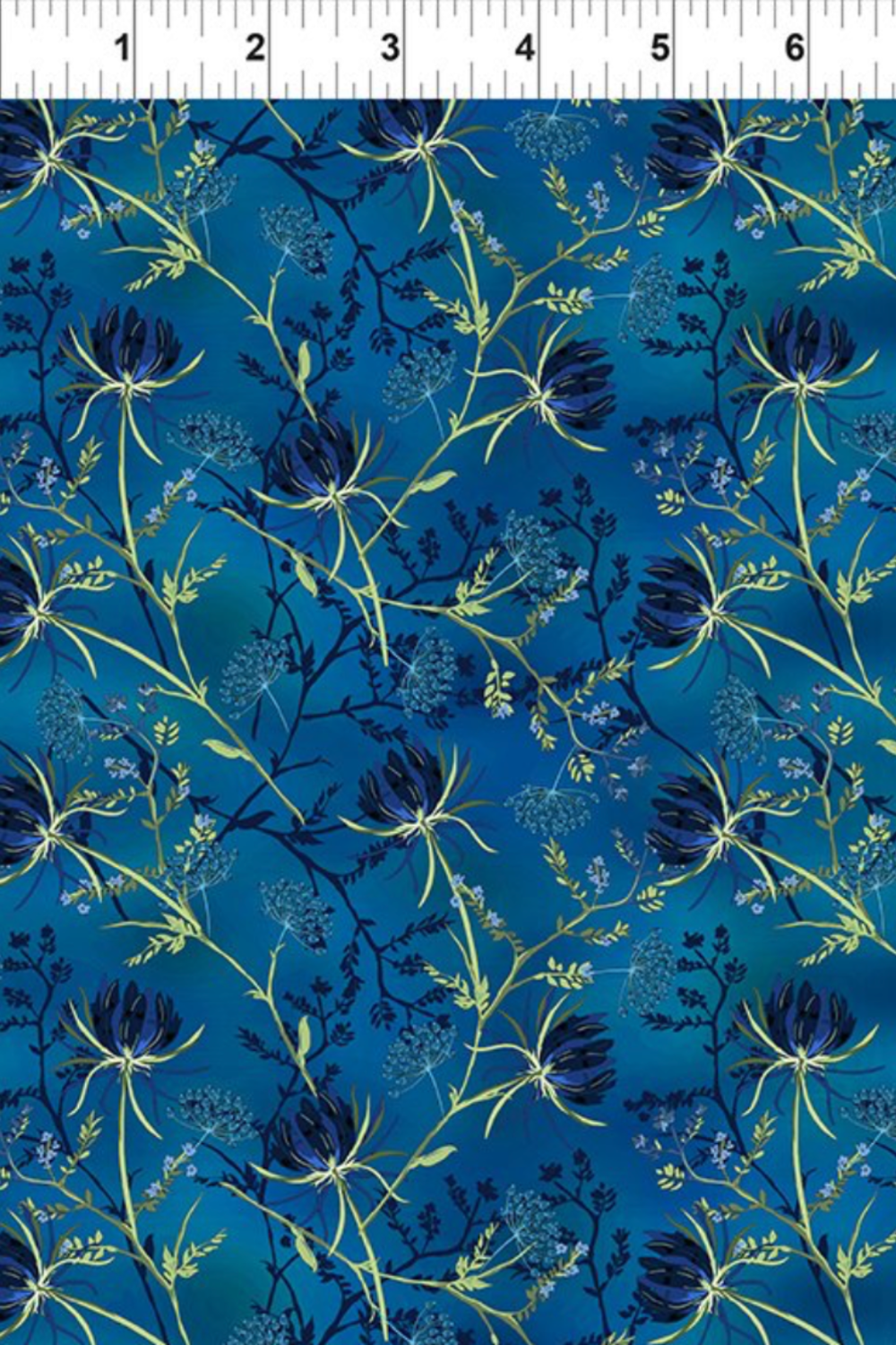 La Luna Blue Night Blooms fabric by Jason Yenter for In The Beginning Fabrics with ruler showing print scale – allover trailing botanical with deep navy moonflower blooms and chartreuse stems on rich cobalt watercolor wash, perfect for night garden and jewel-toned quilt projects, 100% cotton, 3 yard cut