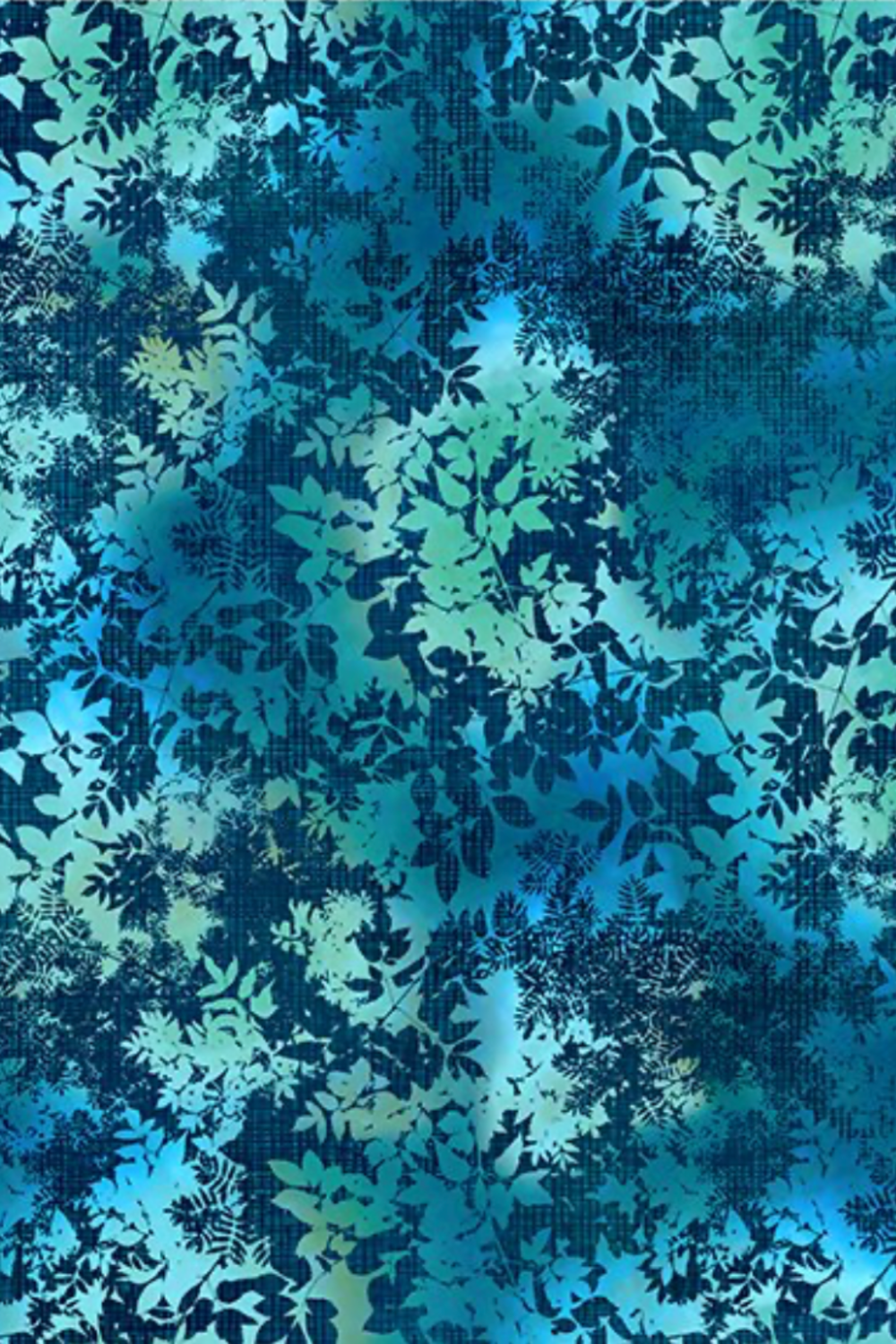 La Luna Teal Leaves fabric by Jason Yenter for In The Beginning Fabrics folded to show dense allover tonal leaf silhouette print – overlapping fern fronds, maple leaves, and botanical sprigs in aqua, teal, chartreuse, and deep navy on rich cobalt watercolor wash, perfect for night garden and jewel-toned quilt projects, 100% cotton, 3 yard cut