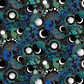 La Luna Blue Silver Moon Collage quilting cotton fabric showing dramatic allover collage with overlapping moon phase medallions, silver radiating lines, crescent and full moons, chrysanthemums, succulents, bats, and clouds in teal, emerald, cobalt, and silver on deep black by Jason Yenter for In The Beginning Fabrics, 100% cotton, 3 yard cut