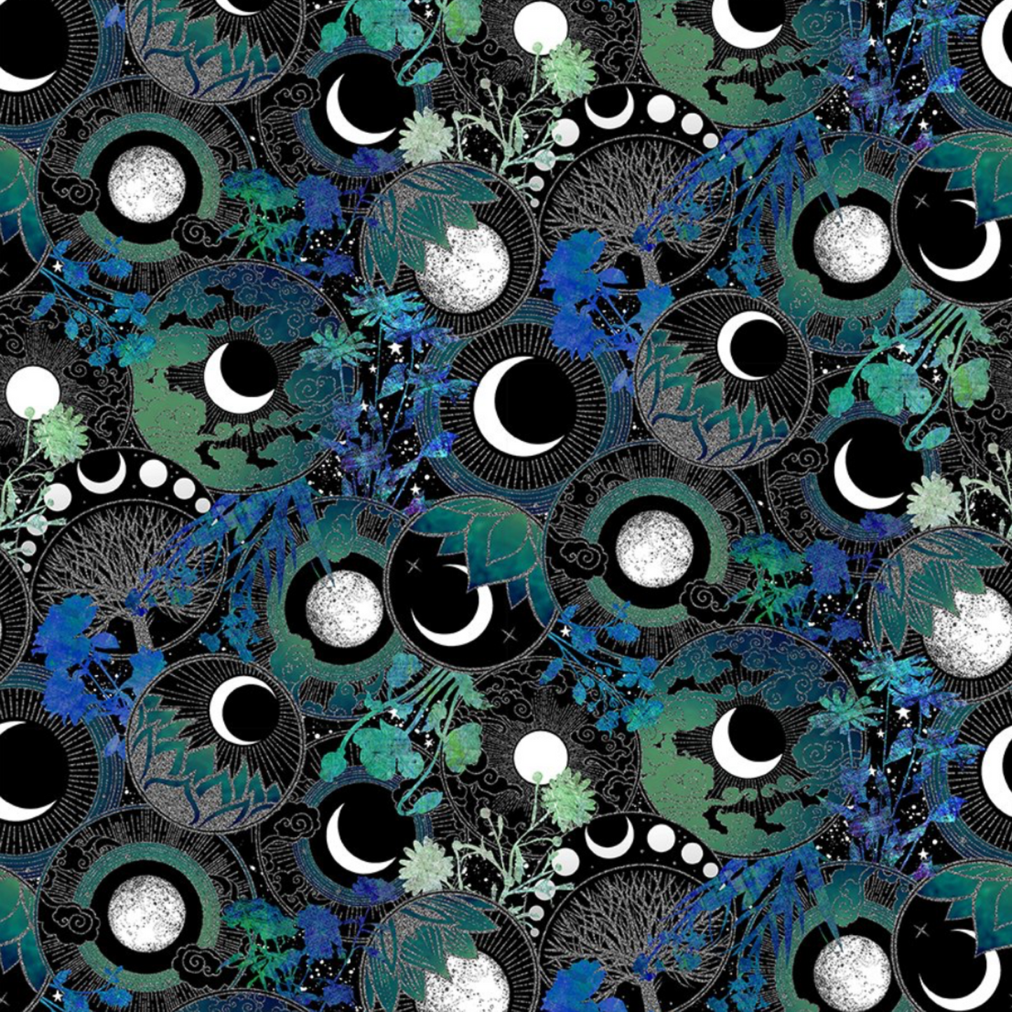 La Luna Blue Silver Moon Collage quilting cotton fabric showing dramatic allover collage with overlapping moon phase medallions, silver radiating lines, crescent and full moons, chrysanthemums, succulents, bats, and clouds in teal, emerald, cobalt, and silver on deep black by Jason Yenter for In The Beginning Fabrics, 100% cotton, 3 yard cut