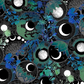La Luna Blue Silver Moon Collage fabric by Jason Yenter for In The Beginning Fabrics – dramatic allover collage with overlapping moon phase medallions, silver radiating lines, crescent and full moons, and watercolor botanicals in teal, emerald, and cobalt on deep black, perfect for celestial and night-themed quilt projects, 100% cotton, 3 yard cut