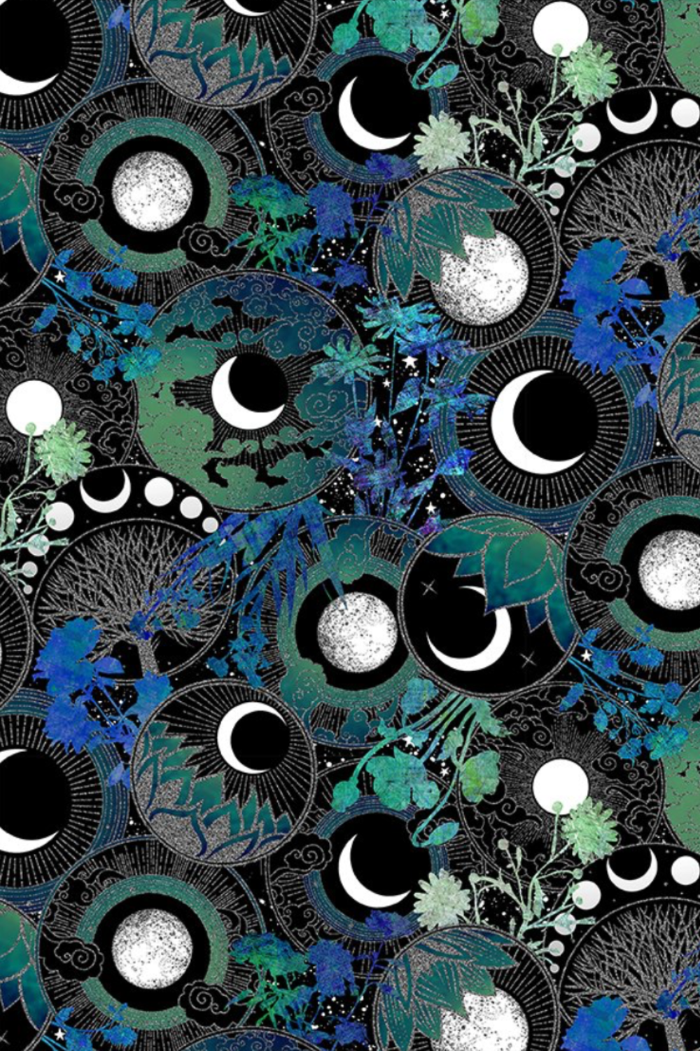 La Luna Blue Silver Moon Collage fabric by Jason Yenter for In The Beginning Fabrics – dramatic allover collage with overlapping moon phase medallions, silver radiating lines, crescent and full moons, and watercolor botanicals in teal, emerald, and cobalt on deep black, perfect for celestial and night-themed quilt projects, 100% cotton, 3 yard cut
