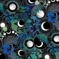 La Luna Blue Silver Moon Collage fabric by Jason Yenter for In The Beginning Fabrics with ruler showing print scale – dramatic moon phase medallions with silver lines, crescent moons, and watercolor botanicals in teal, emerald, and cobalt on deep black, perfect for celestial and night-themed quilt projects, 100% cotton, 3 yard cut