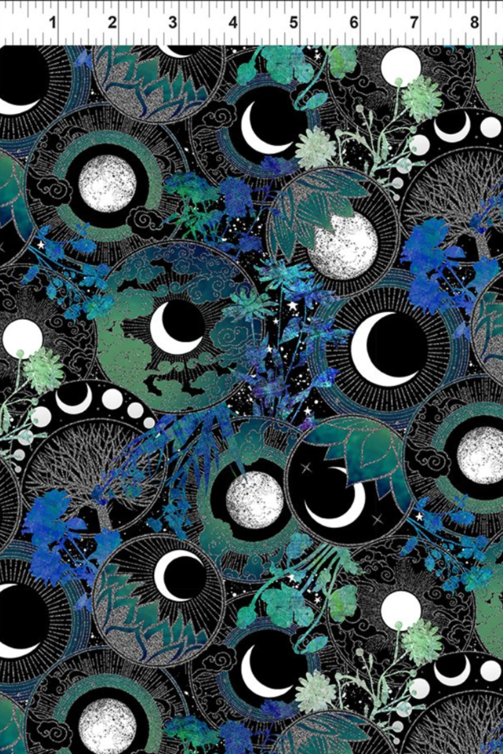La Luna Blue Silver Moon Collage fabric by Jason Yenter for In The Beginning Fabrics with ruler showing print scale – dramatic moon phase medallions with silver lines, crescent moons, and watercolor botanicals in teal, emerald, and cobalt on deep black, perfect for celestial and night-themed quilt projects, 100% cotton, 3 yard cut