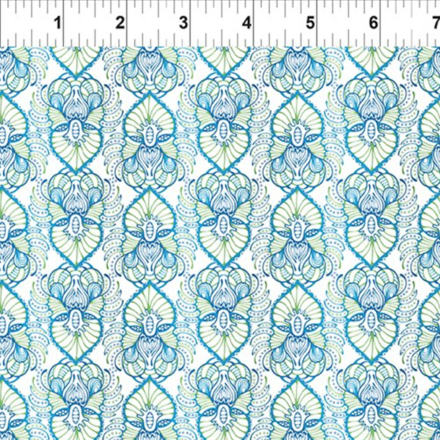 Wonders Of The Ocean Abstract quilting cotton fabric with ruler showing print scale – allover ogee trellis lattice with Art Nouveau botanical medallions in turquoise, cobalt blue, and chartreuse green on crisp white by Jason Yenter for In The Beginning Fabrics, 100% cotton, 3 yard cut