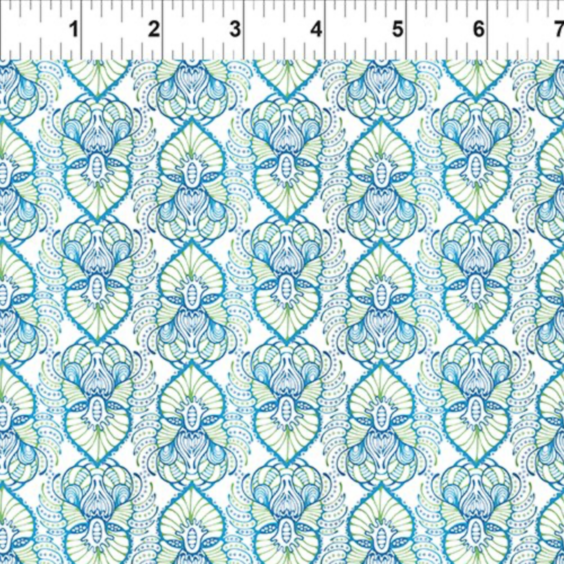 Wonders Of The Ocean Abstract quilting cotton fabric with ruler showing print scale – allover ogee trellis lattice with Art Nouveau botanical medallions in turquoise, cobalt blue, and chartreuse green on crisp white by Jason Yenter for In The Beginning Fabrics, 100% cotton, 3 yard cut