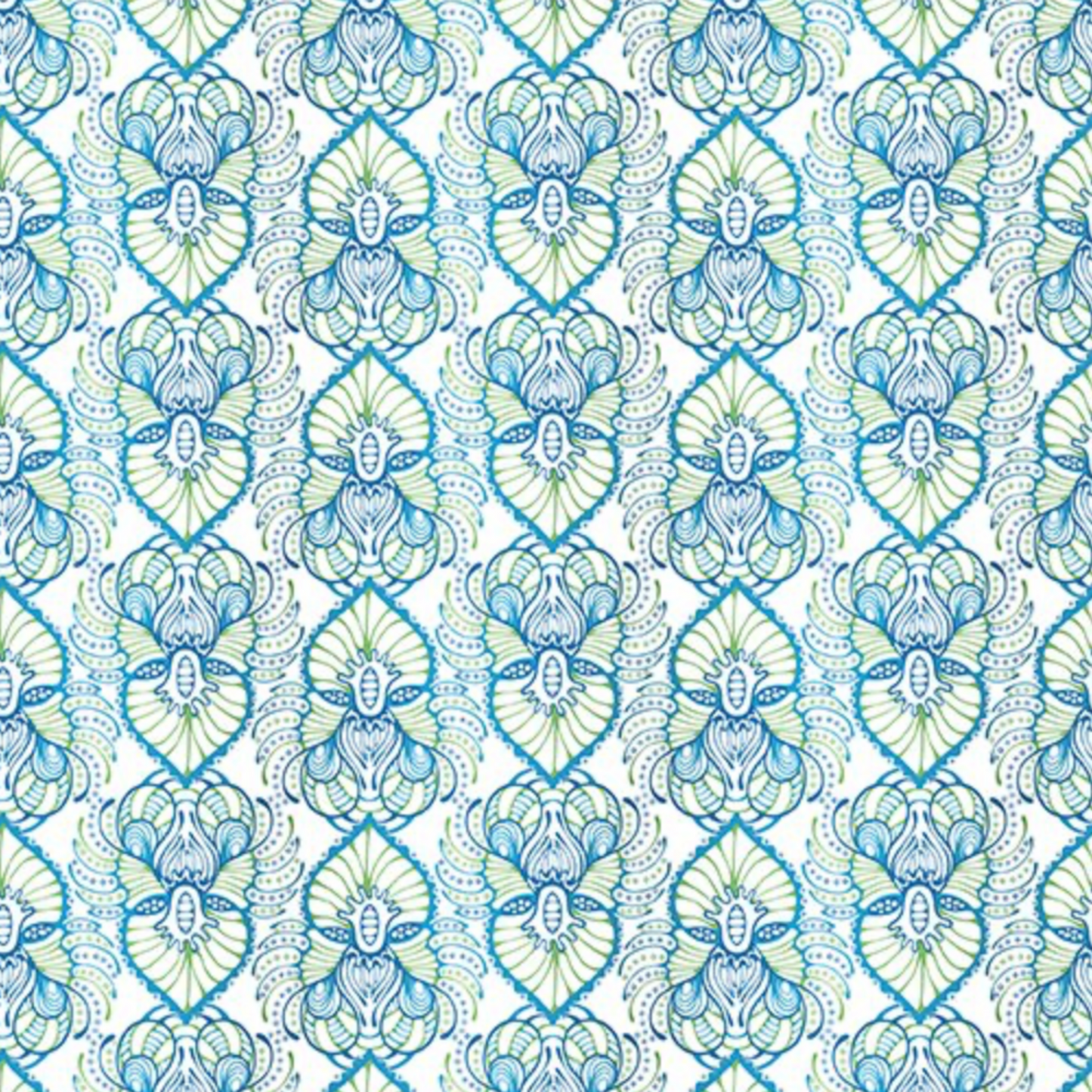 Wonders Of The Ocean Abstract quilting cotton fabric showing allover ogee trellis lattice with ornate Art Nouveau botanical medallions featuring feathery fronds, scrolling tendrils, and dotted borders in turquoise, cobalt blue, and chartreuse green on crisp white by Jason Yenter for In The Beginning Fabrics, 100% cotton, 3 yard cut
