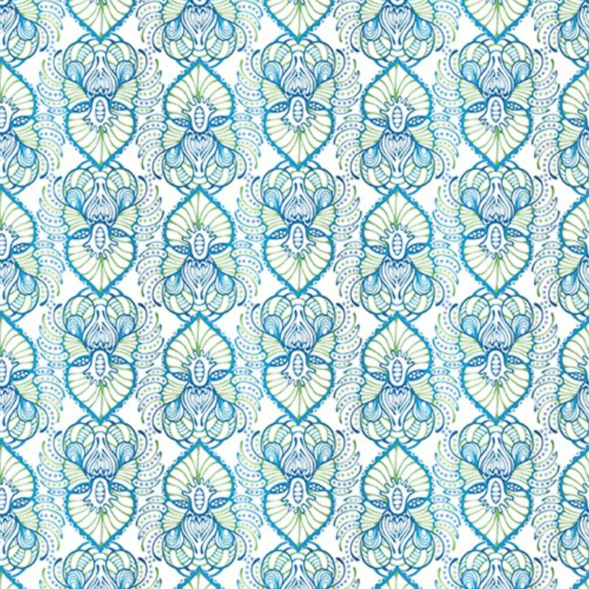 Wonders Of The Ocean Abstract quilting cotton fabric showing allover ogee trellis lattice with ornate Art Nouveau botanical medallions featuring feathery fronds, scrolling tendrils, and dotted borders in turquoise, cobalt blue, and chartreuse green on crisp white by Jason Yenter for In The Beginning Fabrics, 100% cotton, 3 yard cut