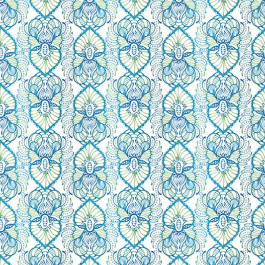Wonders Of The Ocean Abstract quilting cotton fabric showing allover ogee trellis lattice with ornate Art Nouveau botanical medallions featuring feathery fronds, scrolling tendrils, and dotted borders in turquoise, cobalt blue, and chartreuse green on crisp white by Jason Yenter for In The Beginning Fabrics, 100% cotton, 3 yard cut