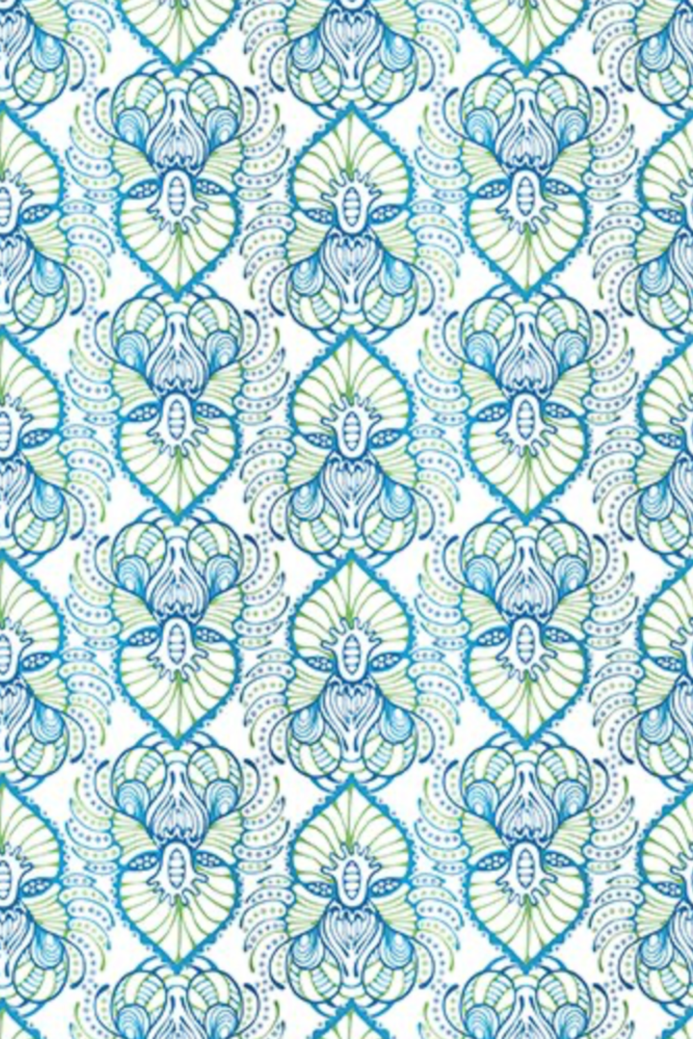 Wonders Of The Ocean Abstract fabric by Jason Yenter for In The Beginning Fabrics – allover ogee trellis lattice with ornate Art Nouveau botanical medallions featuring feathery fronds and scrolling tendrils in turquoise, cobalt blue, and chartreuse green on crisp white, perfect for coastal and ocean-themed quilt projects, 100% cotton, 3 yard cut