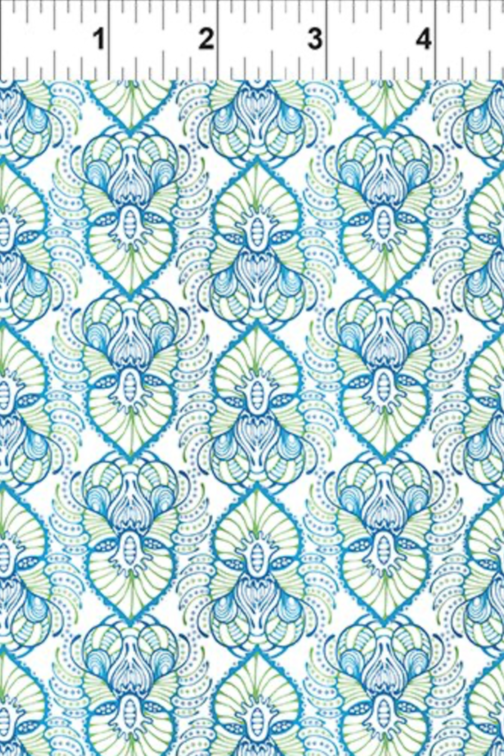 Wonders Of The Ocean Abstract fabric by Jason Yenter for In The Beginning Fabrics with ruler showing print scale – allover ogee trellis lattice with Art Nouveau botanical medallions in turquoise, cobalt, and chartreuse on white, perfect for coastal and ocean-themed quilt projects, 100% cotton, 3 yard cut