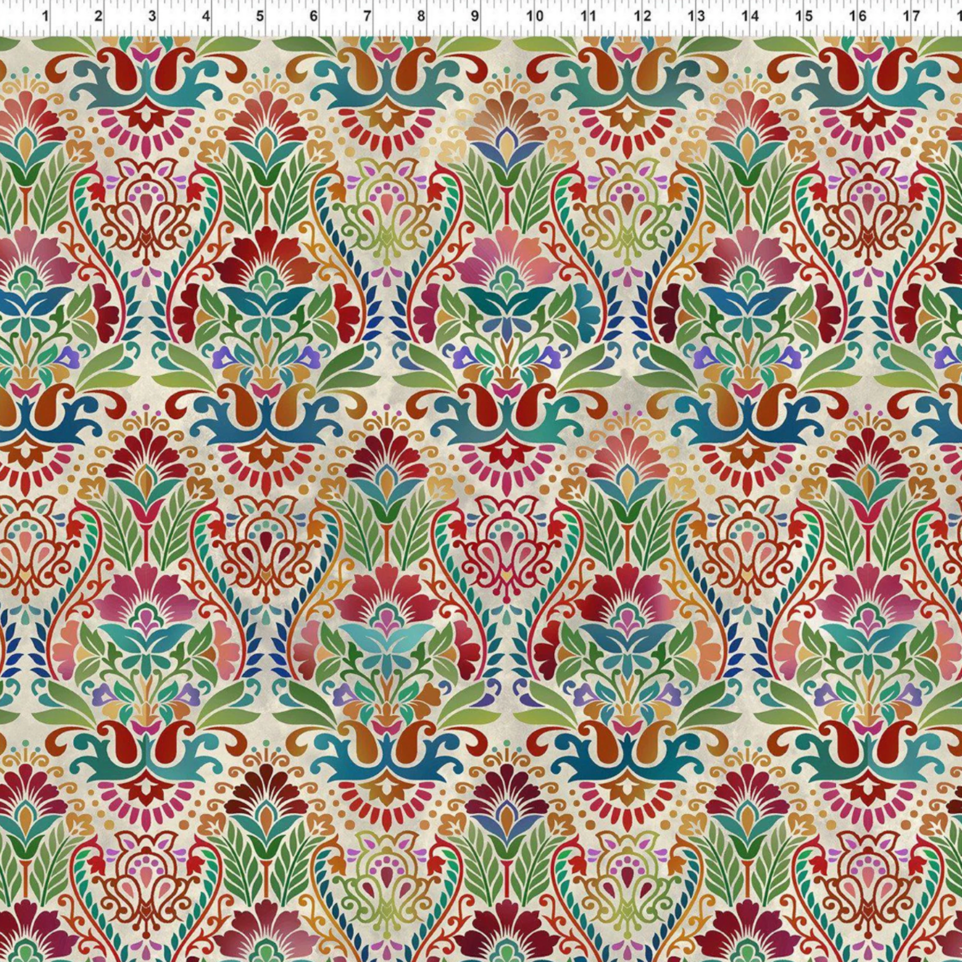 Vivid Brocade Spice quilting cotton fabric with ruler showing print scale – dramatic allover baroque brocade with deep crimson and burgundy damask florals, teal scrolling leaves, olive green botanicals, and gold accents on warm cream and ivory by Jason Yenter for In The Beginning Fabrics, 100% cotton, 3 yard cut
