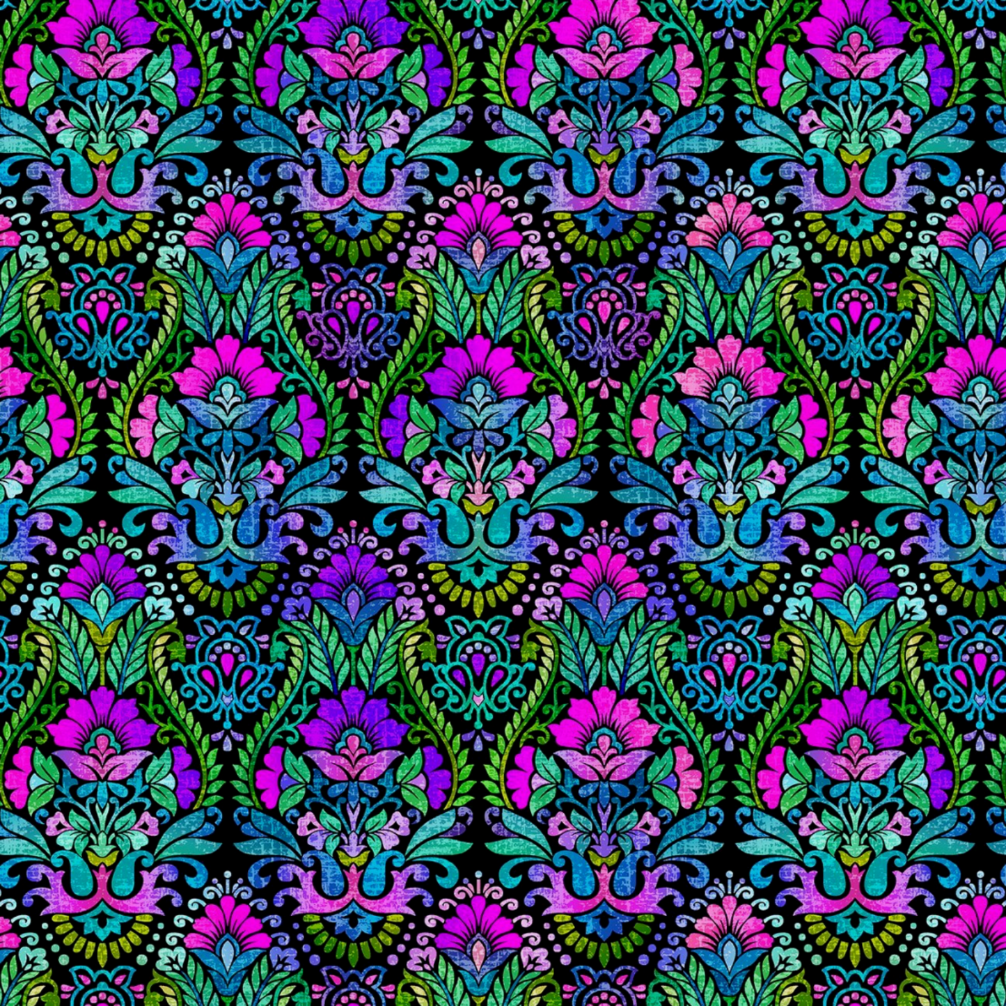 Vivid Brocade Jewel quilting cotton fabric showing large-scale baroque damask with bold magenta and purple floral motifs, teal and blue scrolling acanthus leaves, chartreuse accents, and intricate baroque flourishes with crackle texture overlay on deep black by Jason Yenter for In The Beginning Fabrics, 100% cotton, 3 yard cut