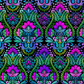 Vivid Brocade Jewel fabric by Jason Yenter for In The Beginning Fabrics – large-scale baroque damask with bold magenta and purple floral motifs, teal and blue scrolling acanthus leaves, chartreuse accents, and intricate baroque flourishes on deep black, perfect for jewel-toned and floral quilt projects, 100% cotton, 3 yard cut