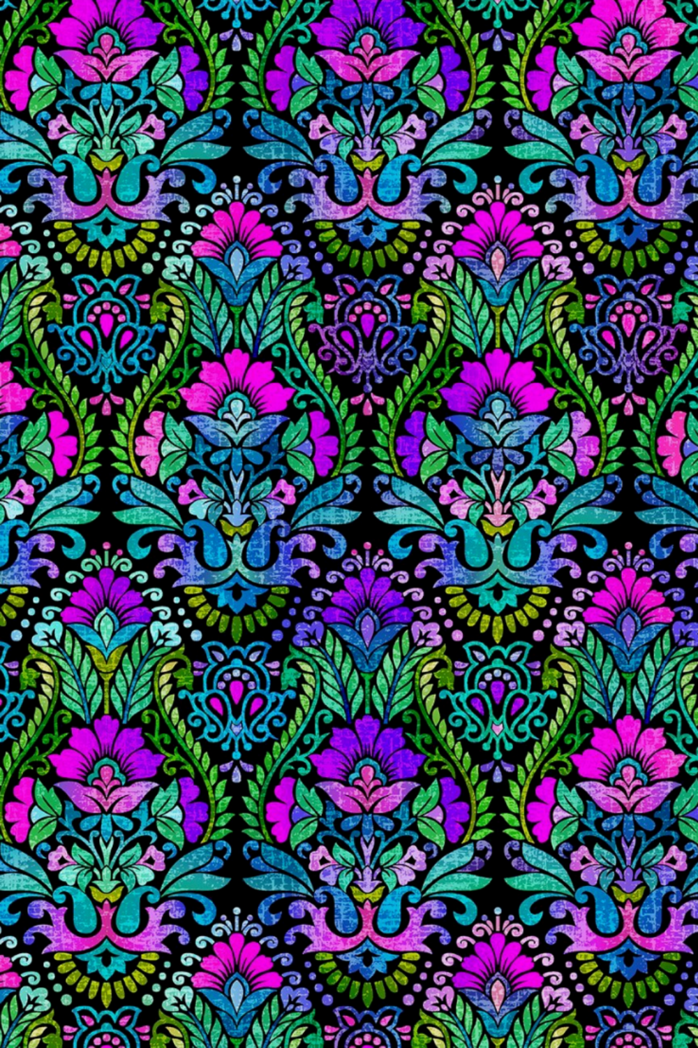 Vivid Brocade Jewel fabric by Jason Yenter for In The Beginning Fabrics – large-scale baroque damask with bold magenta and purple floral motifs, teal and blue scrolling acanthus leaves, chartreuse accents, and intricate baroque flourishes on deep black, perfect for jewel-toned and floral quilt projects, 100% cotton, 3 yard cut