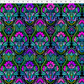 Vivid Brocade Jewel quilting cotton fabric with ruler showing print scale – large-scale baroque damask with bold magenta and purple florals, teal scrolling acanthus leaves, and chartreuse accents on deep black by Jason Yenter for In The Beginning Fabrics, 100% cotton, 3 yard cut
