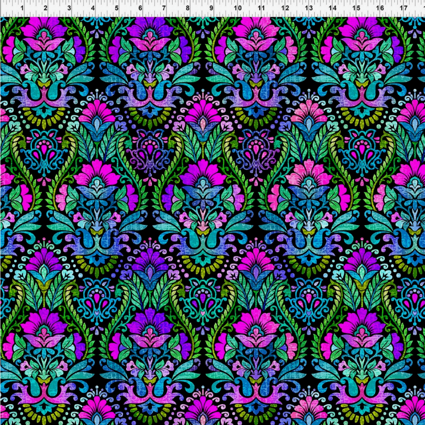 Vivid Brocade Jewel quilting cotton fabric with ruler showing print scale – large-scale baroque damask with bold magenta and purple florals, teal scrolling acanthus leaves, and chartreuse accents on deep black by Jason Yenter for In The Beginning Fabrics, 100% cotton, 3 yard cut