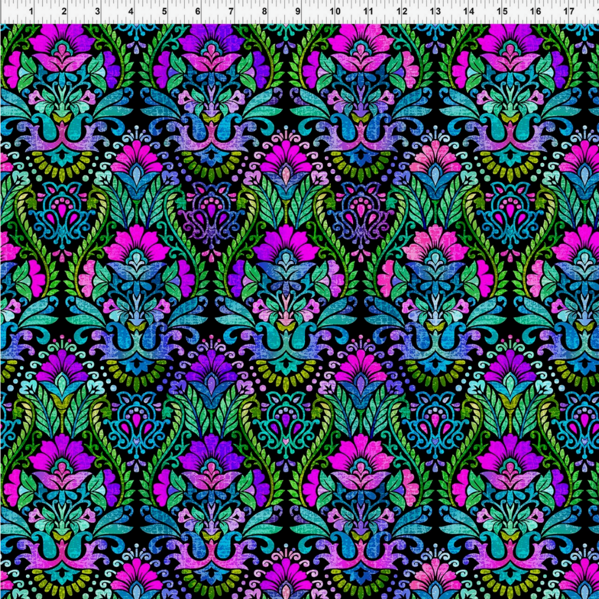 Vivid Brocade Jewel quilting cotton fabric with ruler showing print scale – large-scale baroque damask with bold magenta and purple florals, teal scrolling acanthus leaves, and chartreuse accents on deep black by Jason Yenter for In The Beginning Fabrics, 100% cotton, 3 yard cut