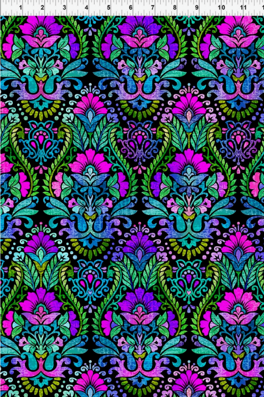 Vivid Brocade Jewel fabric by Jason Yenter for In The Beginning Fabrics with ruler showing print scale – large-scale baroque damask with bold magenta and purple florals, teal scrolling leaves, and chartreuse accents on deep black, perfect for jewel-toned and floral quilt projects, 100% cotton, 3 yard cut