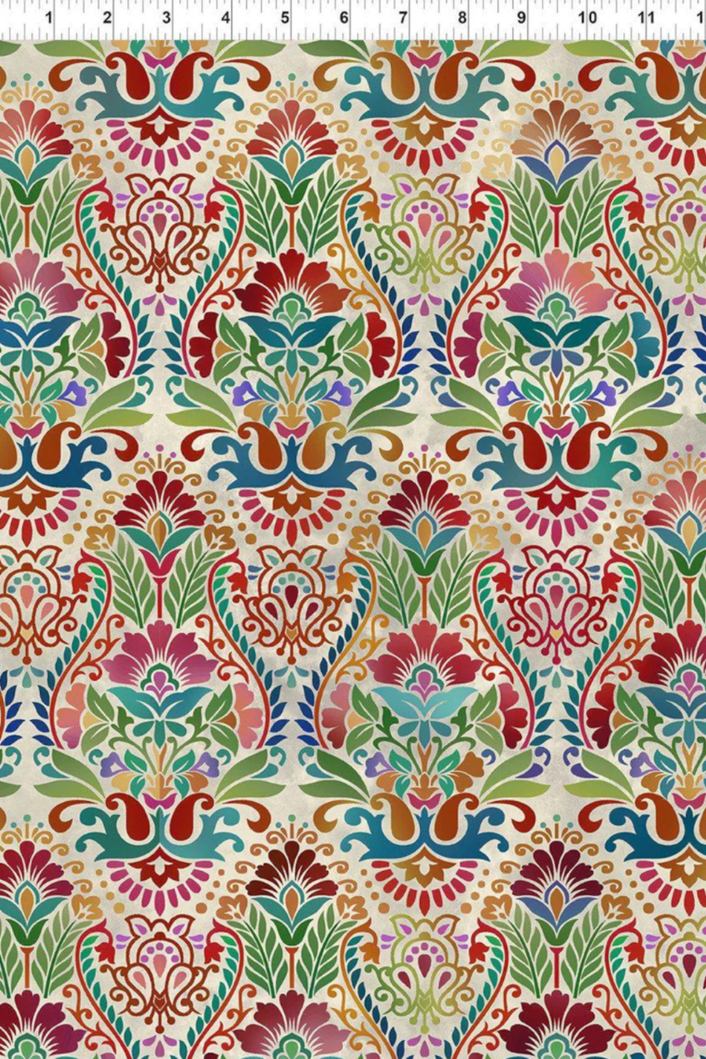Vivid Brocade Spice fabric by Jason Yenter for In The Beginning Fabrics with ruler showing print scale – dramatic allover baroque brocade with crimson and burgundy damask florals, teal scrolling leaves, and gold accents on warm cream, perfect for warm-toned floral and kaleidoscope quilt projects, 100% cotton, 3 yard cut