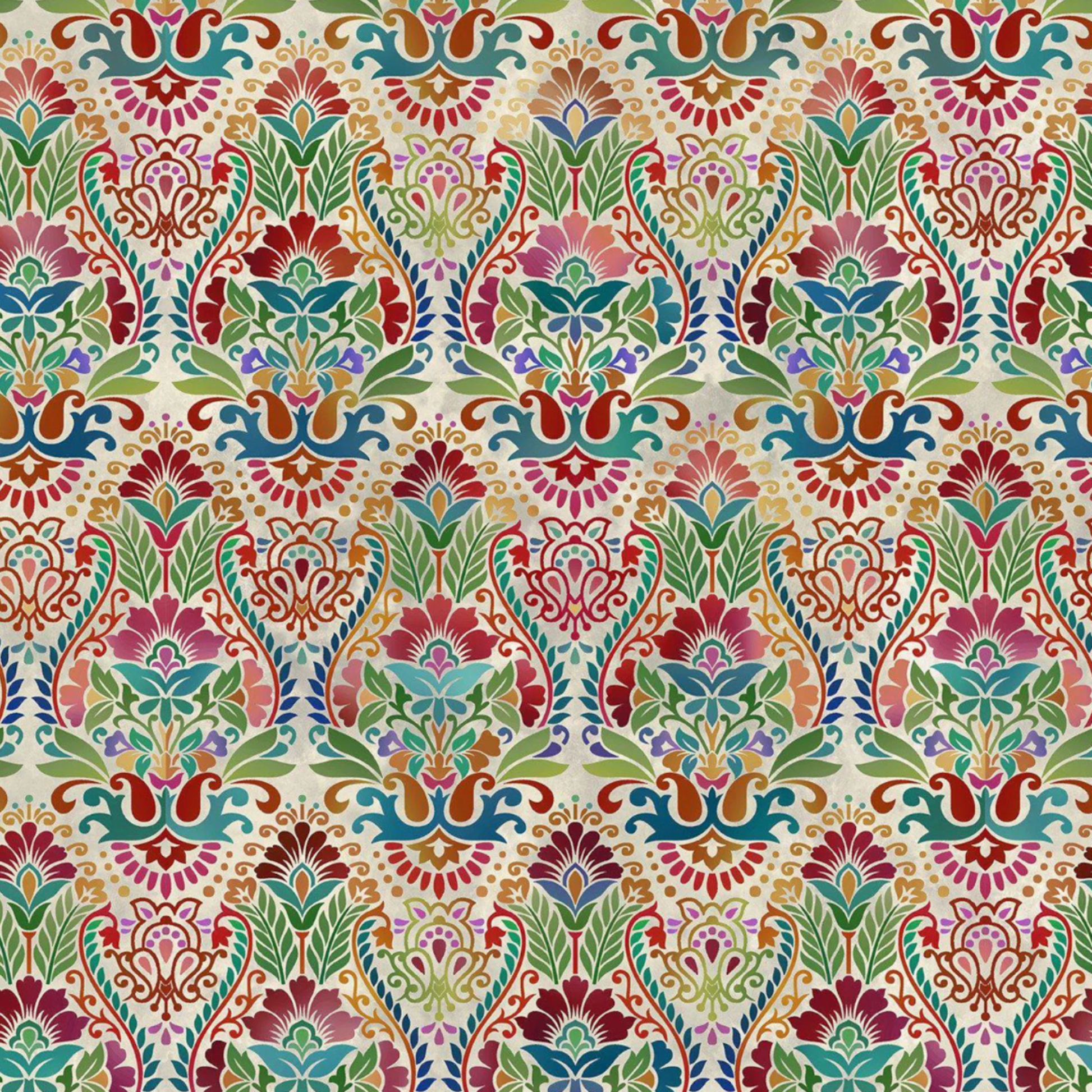 Vivid Brocade Spice quilting cotton fabric showing dramatic allover baroque brocade with deep crimson and burgundy damask florals, teal scrolling leaves, olive green botanicals, and gold and amber accents on warm cream and ivory by Jason Yenter for In The Beginning Fabrics, 100% cotton, 3 yard cut