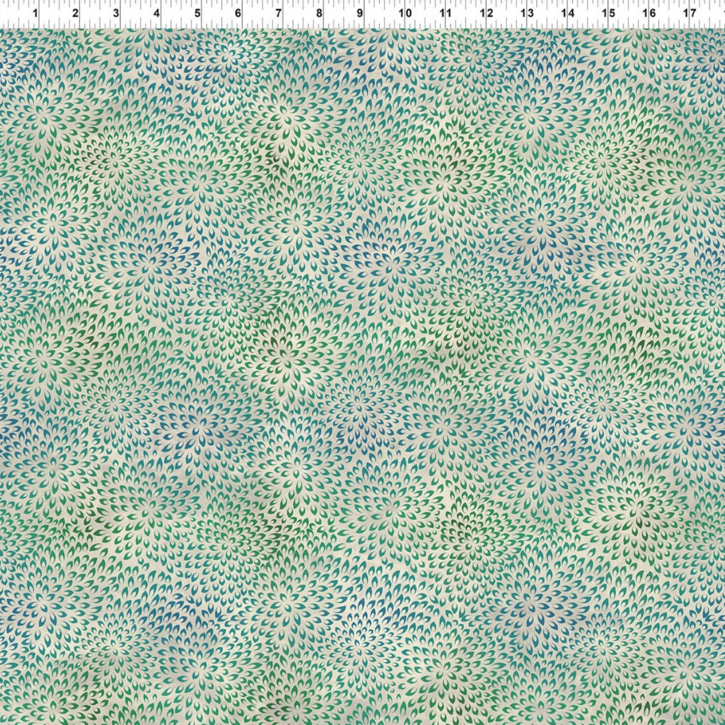 Vivid Mums Spice Teal quilting cotton fabric with ruler showing print scale – dense allover chrysanthemum burst blender with tiny pointed petals in teal, emerald green, sage, and periwinkle on light cream and silver-grey by Jason Yenter for In The Beginning Fabrics, 100% cotton, 3 yard cut