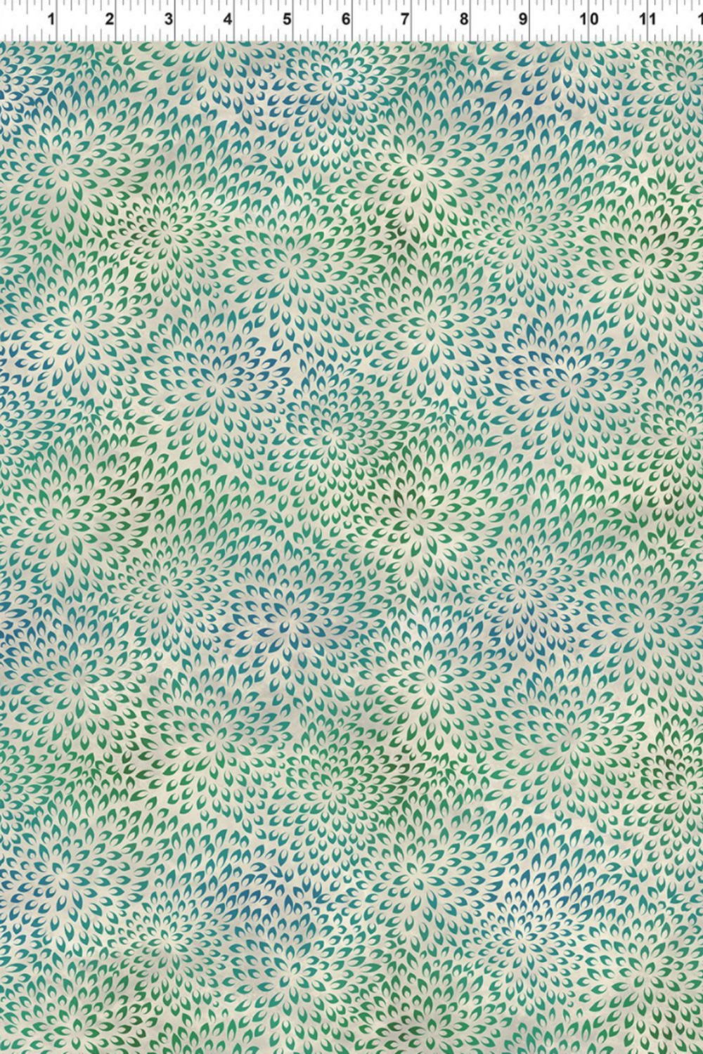 Vivid Mums Spice Teal fabric by Jason Yenter for In The Beginning Fabrics with ruler showing print scale – dense allover chrysanthemum burst blender with tiny pointed petals in teal, emerald, and sage on light cream and silver-grey, perfect for teal and jewel-toned quilt projects, 100% cotton, 3 yard cut