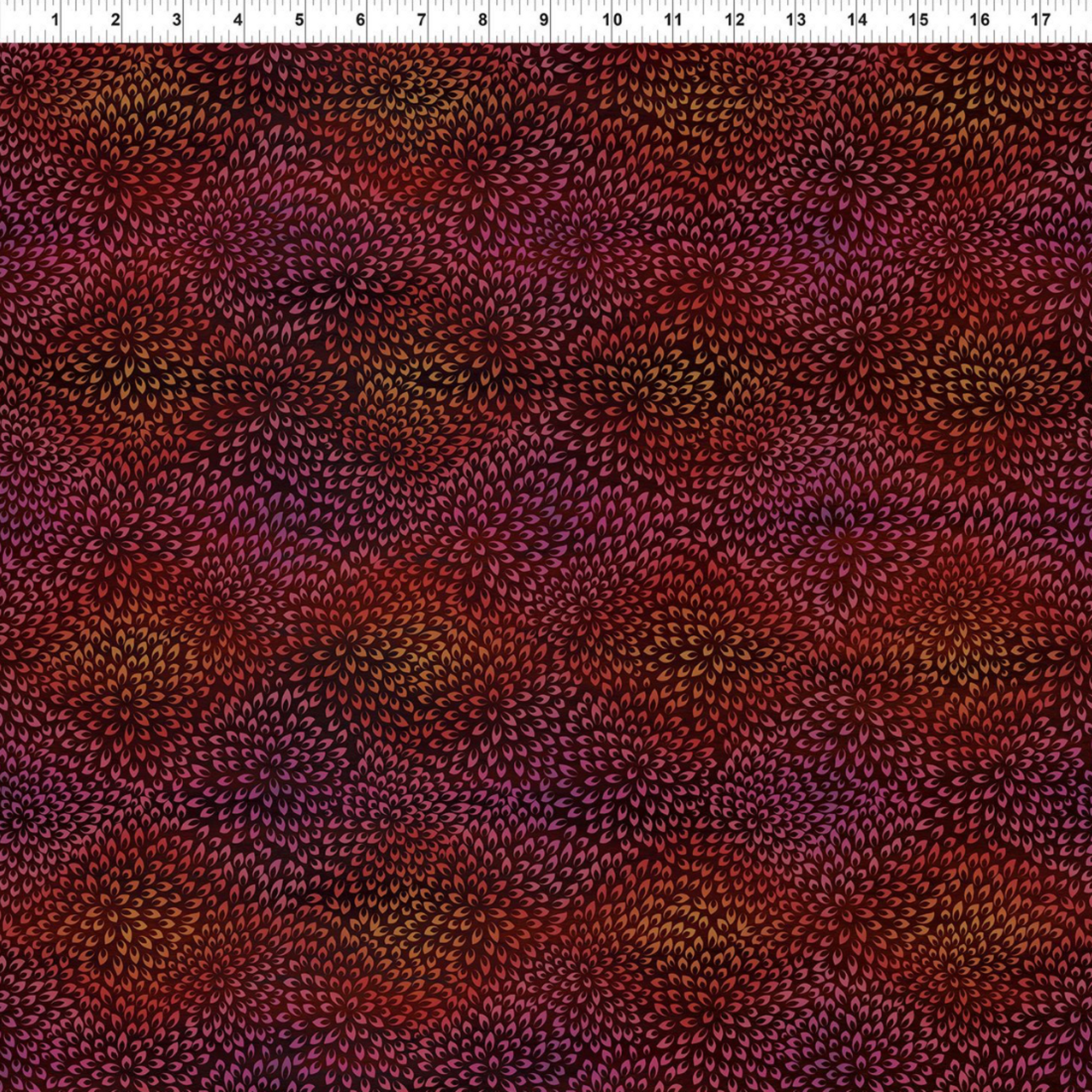 Vivid Mums Spice Red quilting cotton fabric with ruler showing print scale – dense allover chrysanthemum burst blender with tiny pointed petals in deep crimson, red, coral-orange, and gold on dark near-black burgundy by Jason Yenter for In The Beginning Fabrics, 100% cotton, 3 yard cut