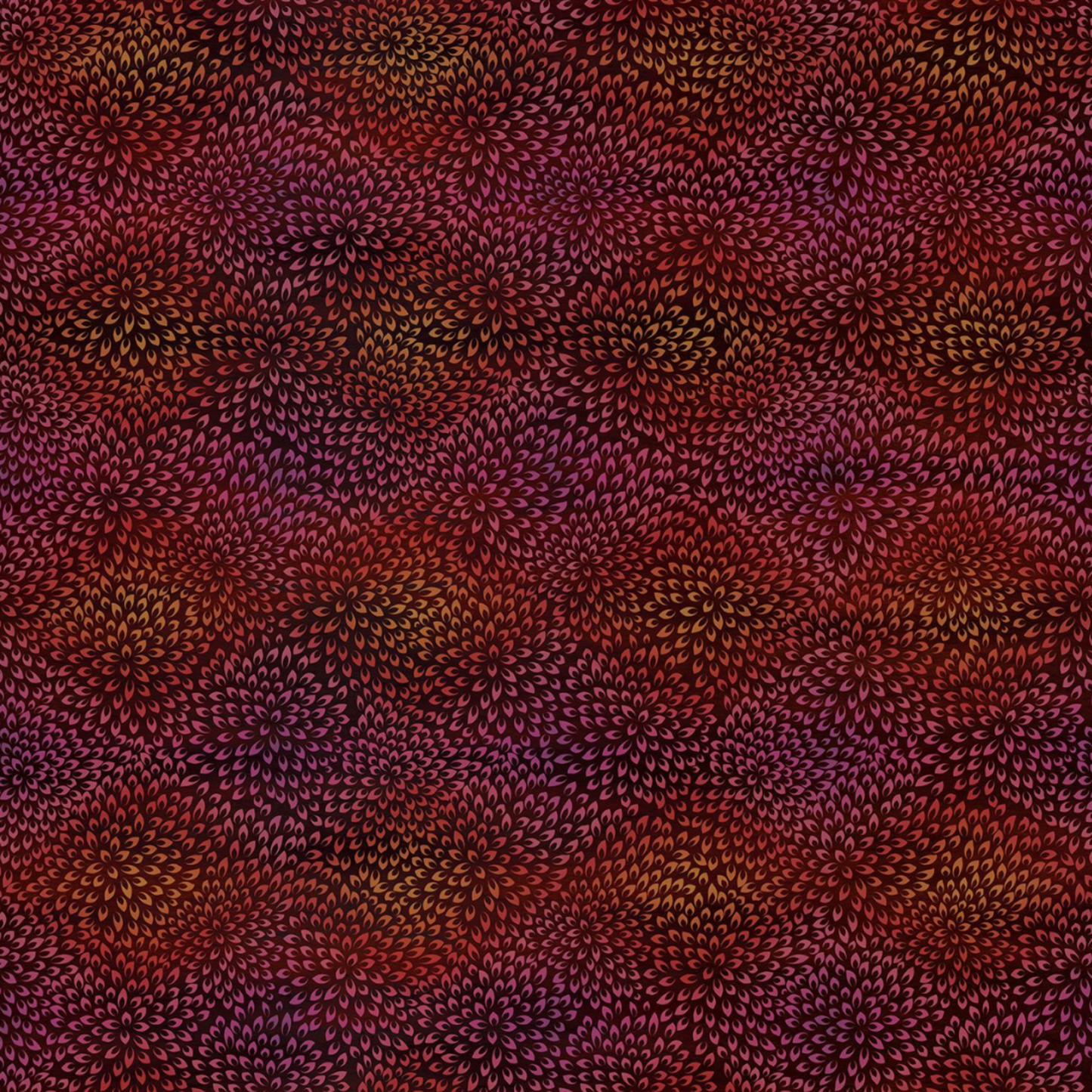 Vivid Mums Spice Red quilting cotton fabric showing dense allover chrysanthemum burst blender with hundreds of tiny pointed petals radiating in spiraling formations in deep crimson, rich red, coral-orange, gold, and purple-mauve on dark near-black burgundy by Jason Yenter for In The Beginning Fabrics, 100% cotton, 3 yard cut