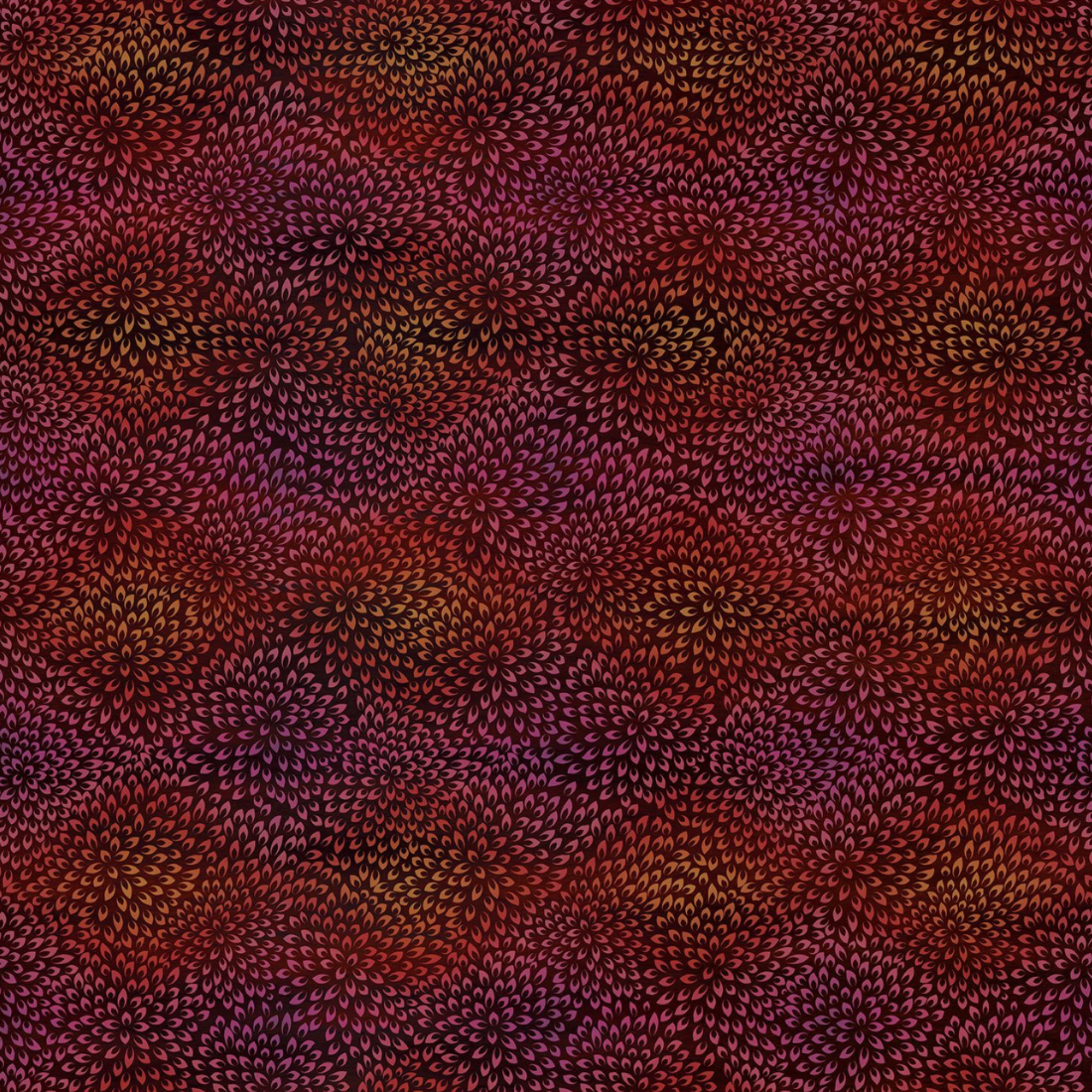 Vivid Mums Spice Red quilting cotton fabric showing dense allover chrysanthemum burst blender with hundreds of tiny pointed petals radiating in spiraling formations in deep crimson, rich red, coral-orange, gold, and purple-mauve on dark near-black burgundy by Jason Yenter for In The Beginning Fabrics, 100% cotton, 3 yard cut